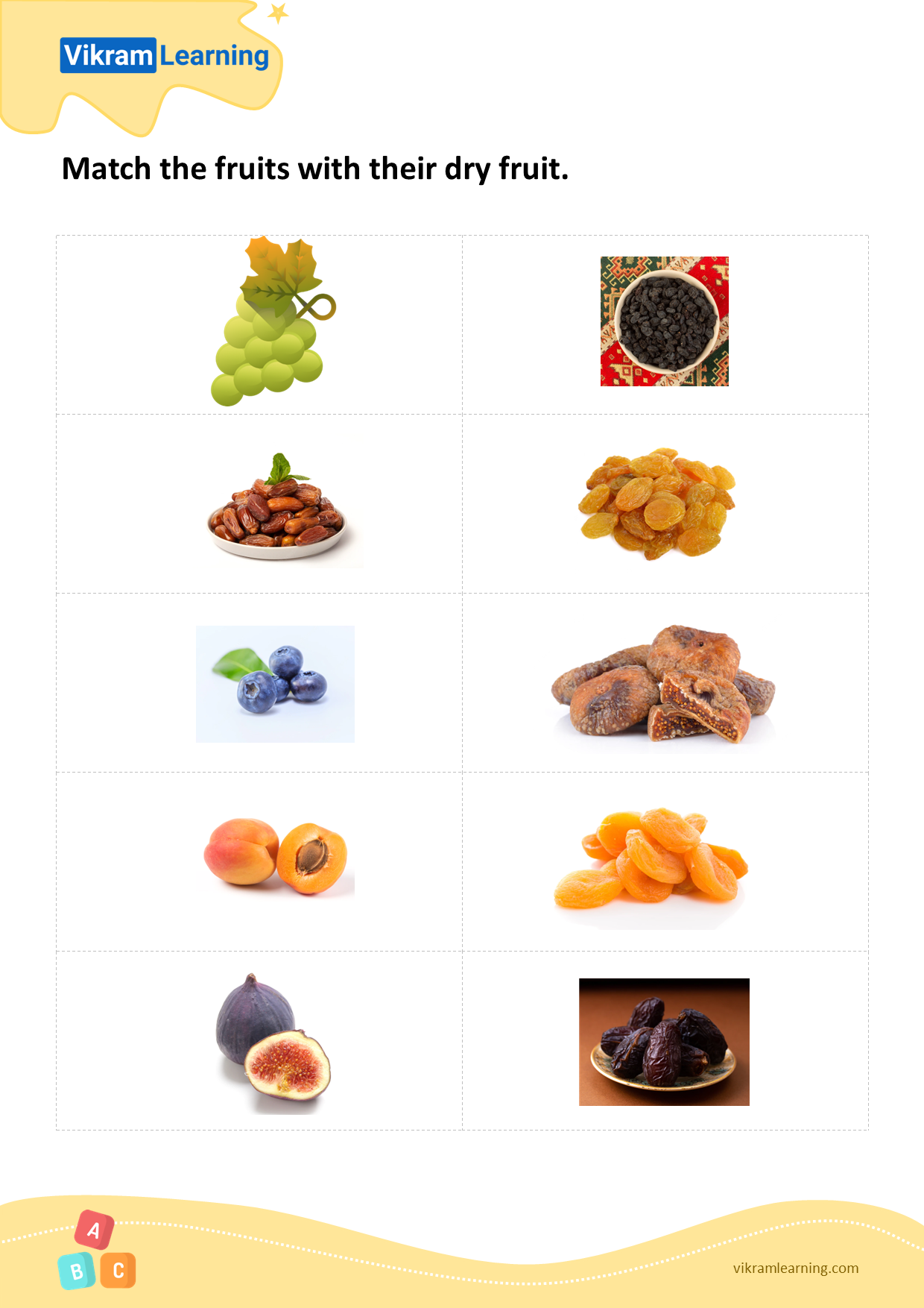 Download match the fruits with their dry fruit worksheets