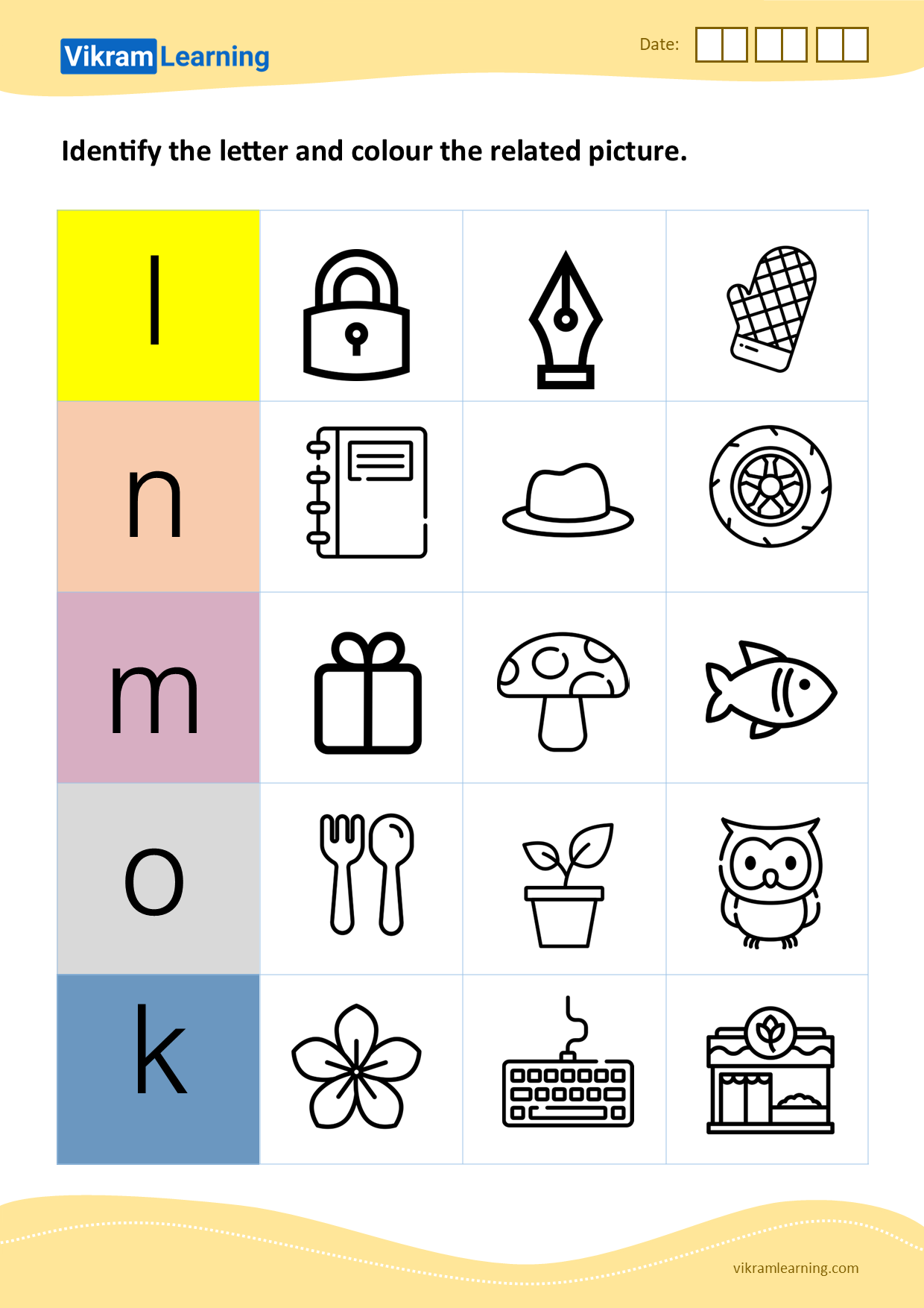 Download identify the letter and colour the related picture (k to o) - pattern 2 worksheets