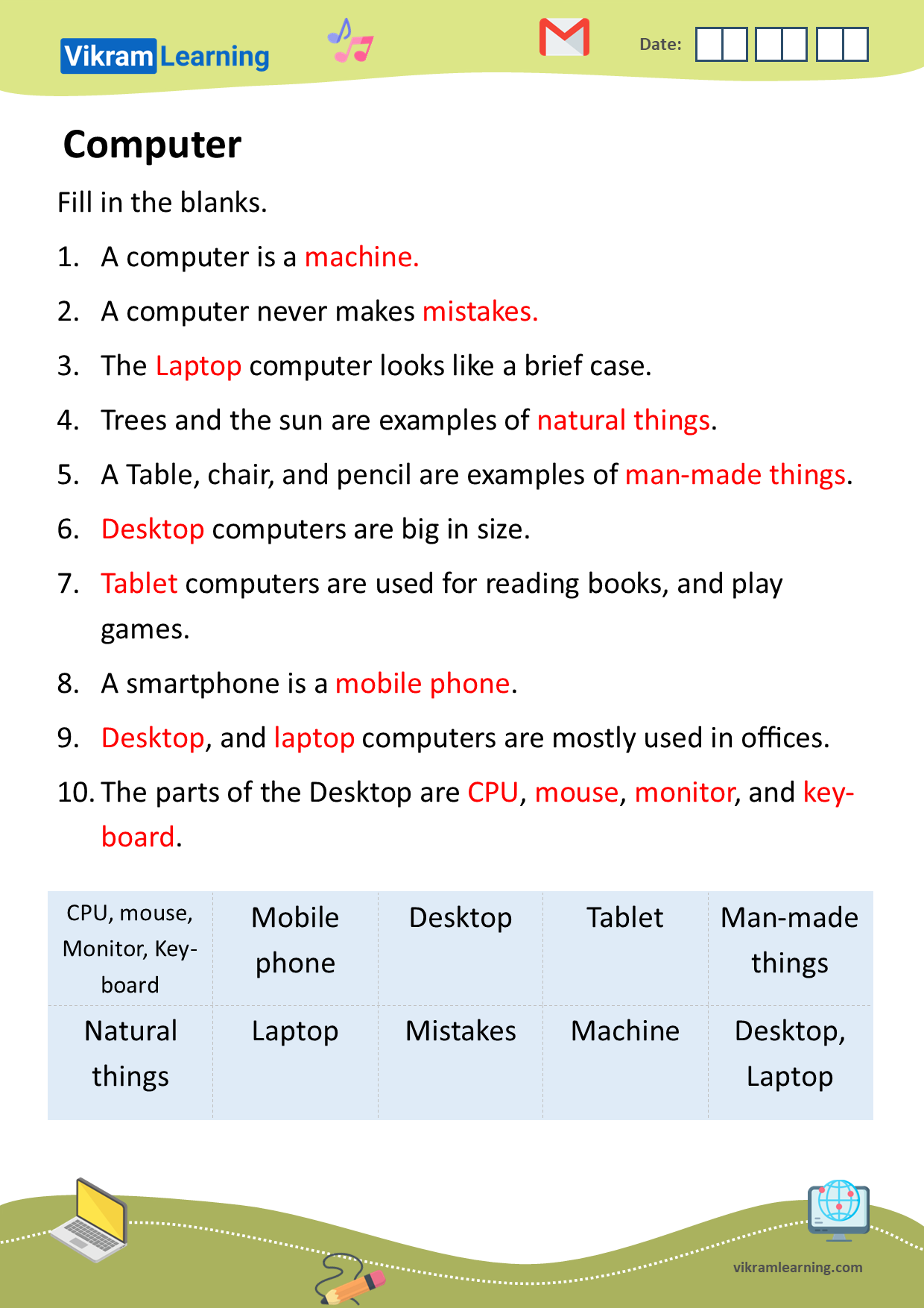 Download computer - a machine worksheets