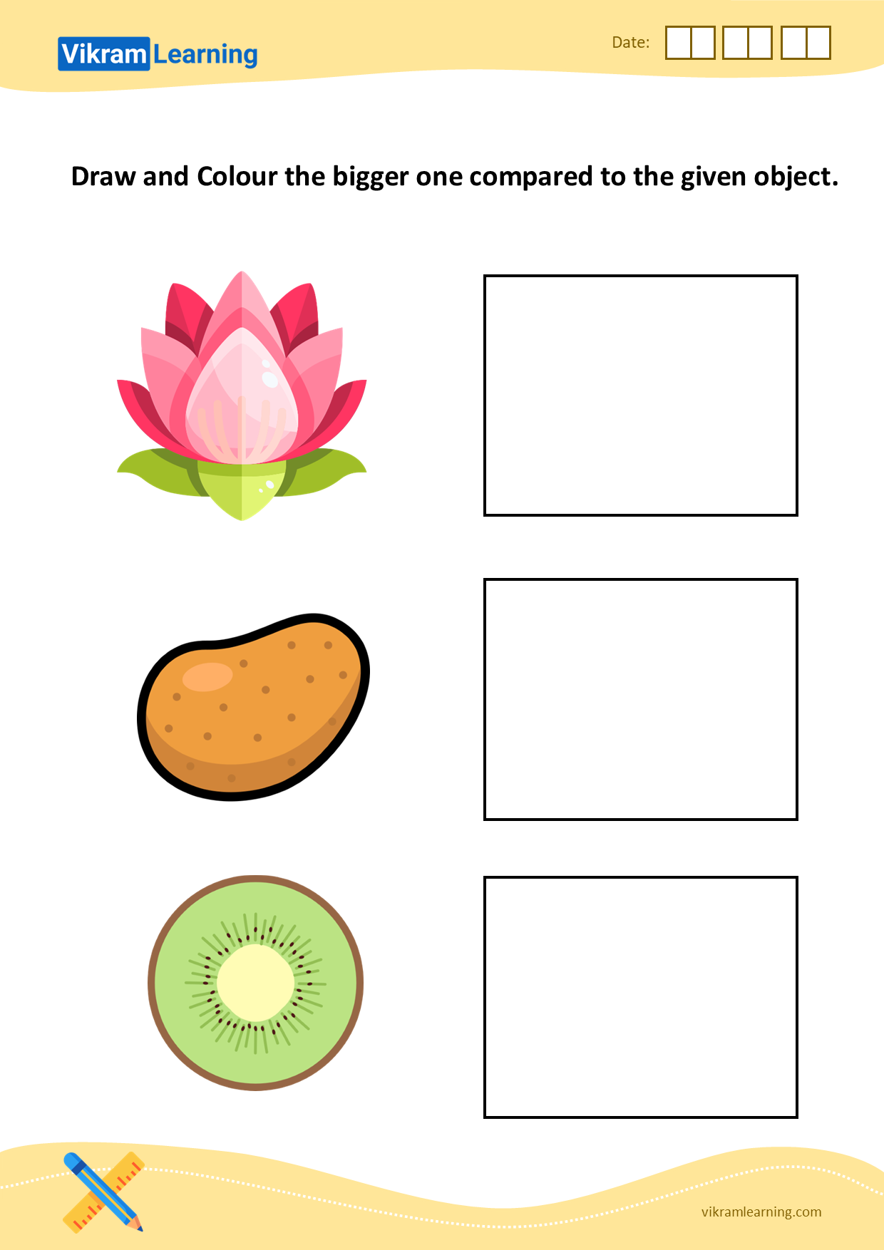 Download draw and colour the bigger one compared to the given object worksheets