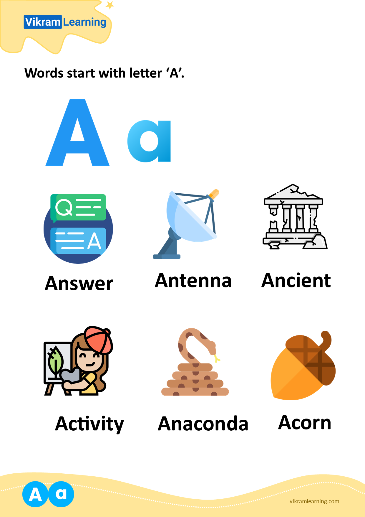 Download words start with letter 'a' worksheets