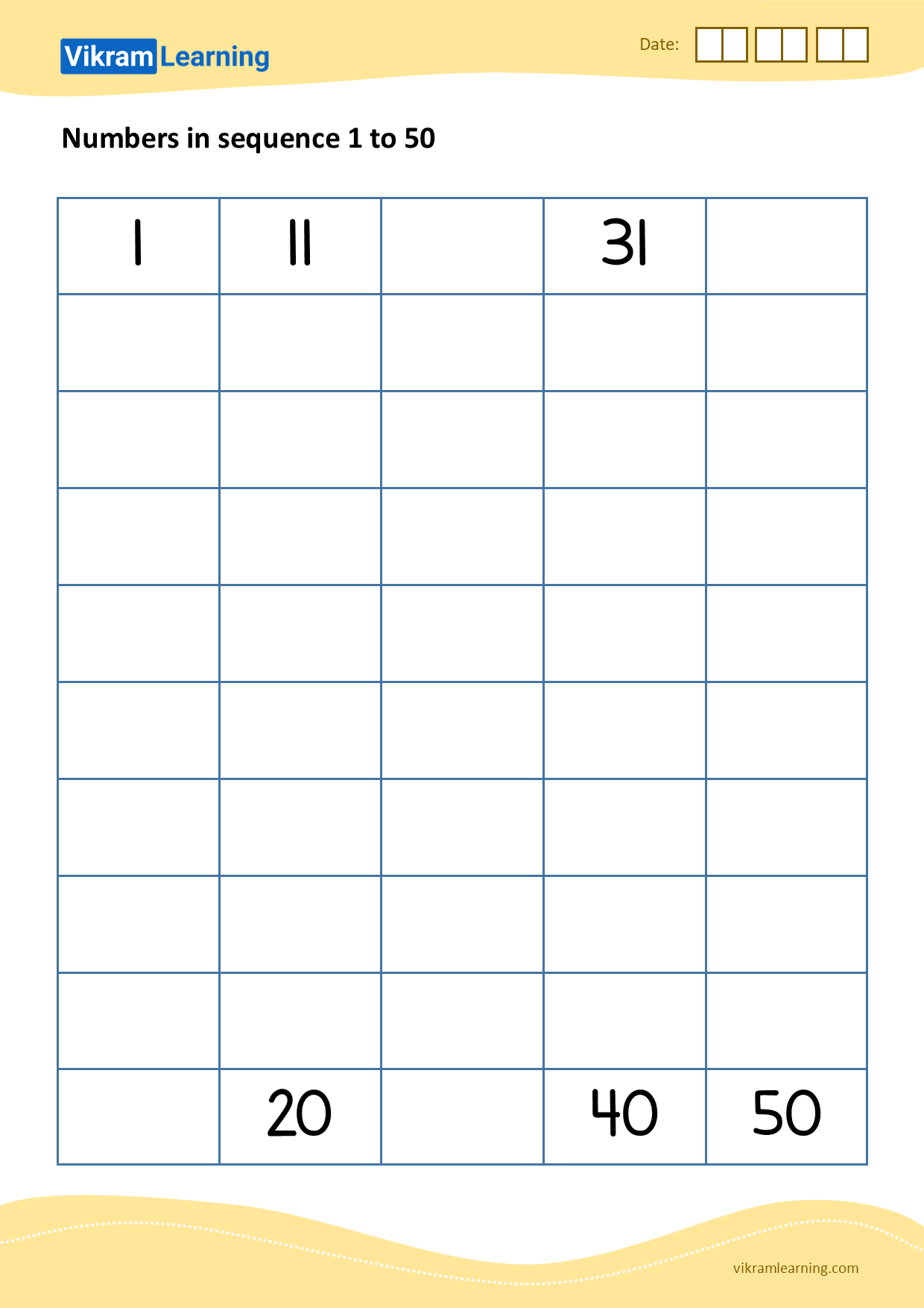 Download 08 - numbers in sequence 1 to 50 worksheets
