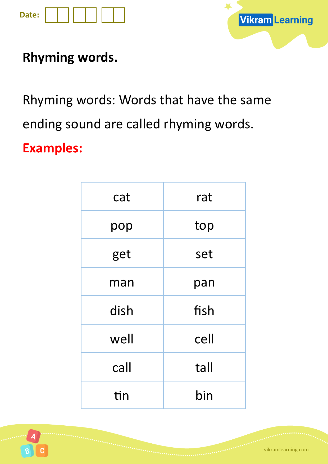 Download Rhyming Words Worksheets Vikramlearning