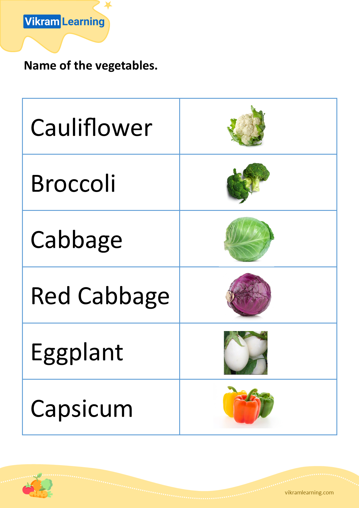 Download name of the vegetables - 2 worksheets
