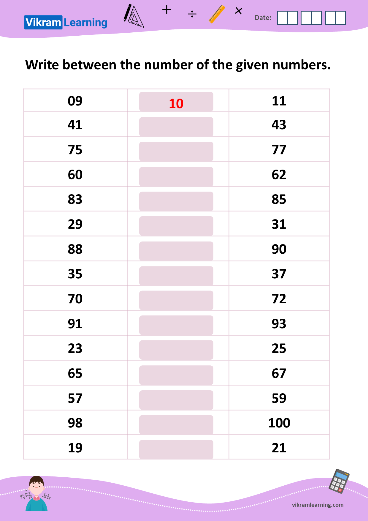 Download before, after, and between numbers up to 100 worksheets