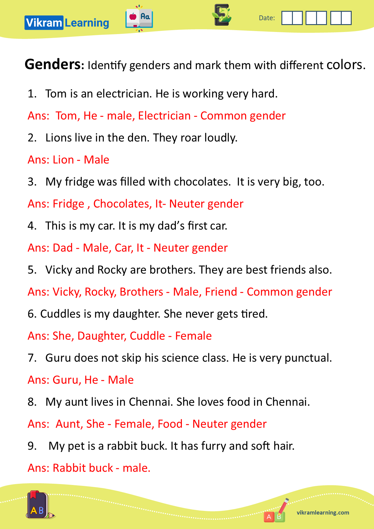 Download genders- male, female, common, neuter worksheets