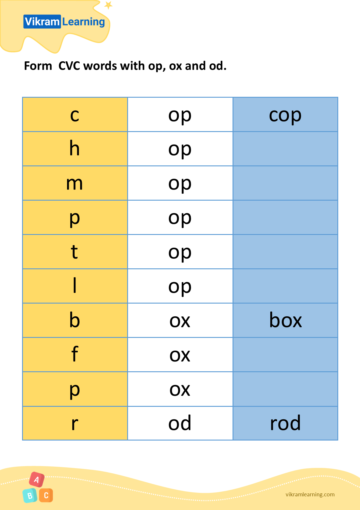 Download form  cvc words with op, ox, and od worksheets