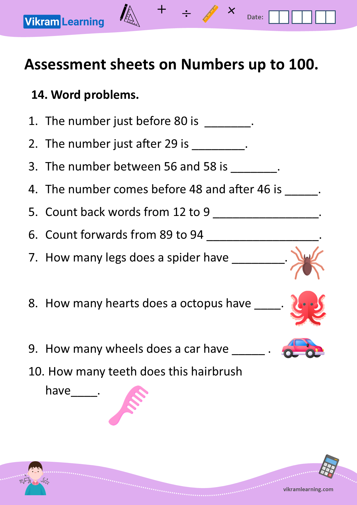 Download assessment sheets on numbers up to 100 worksheets