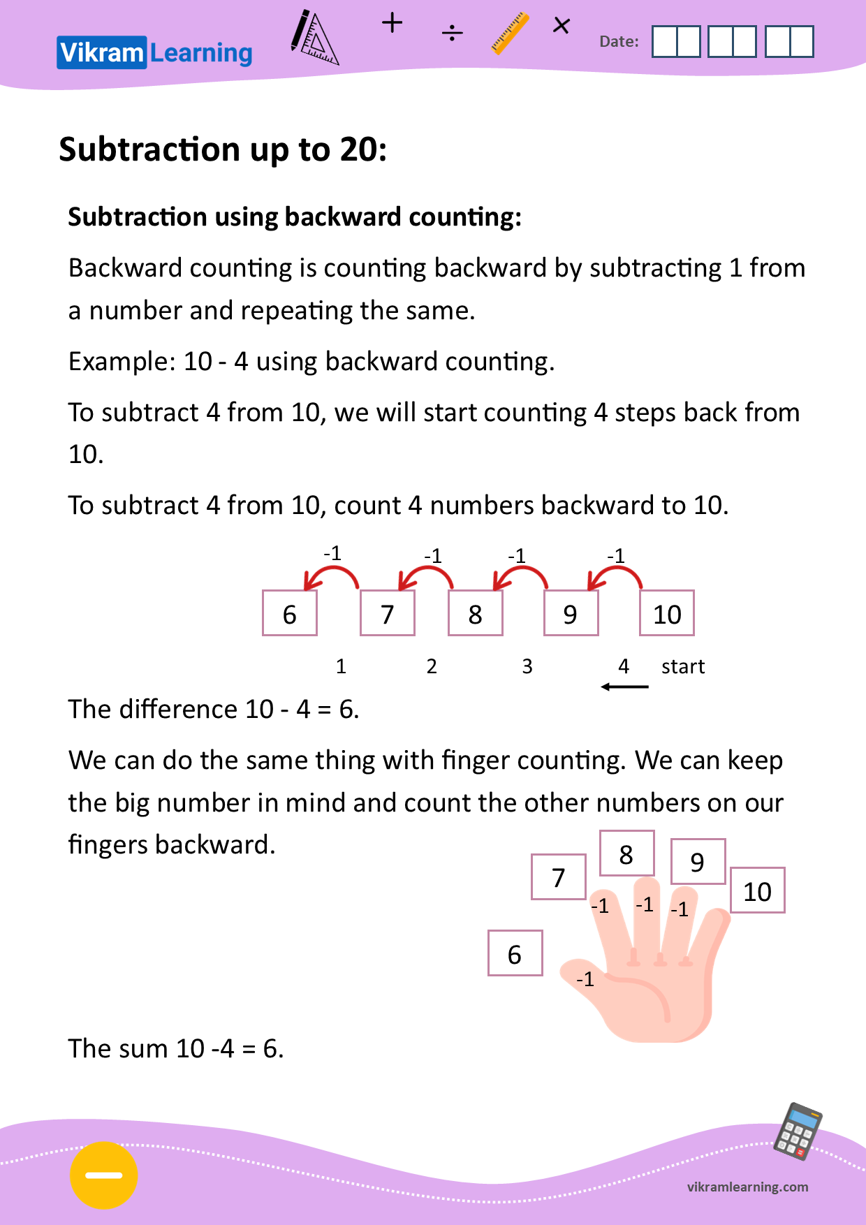 Download subtraction using backward counting worksheets