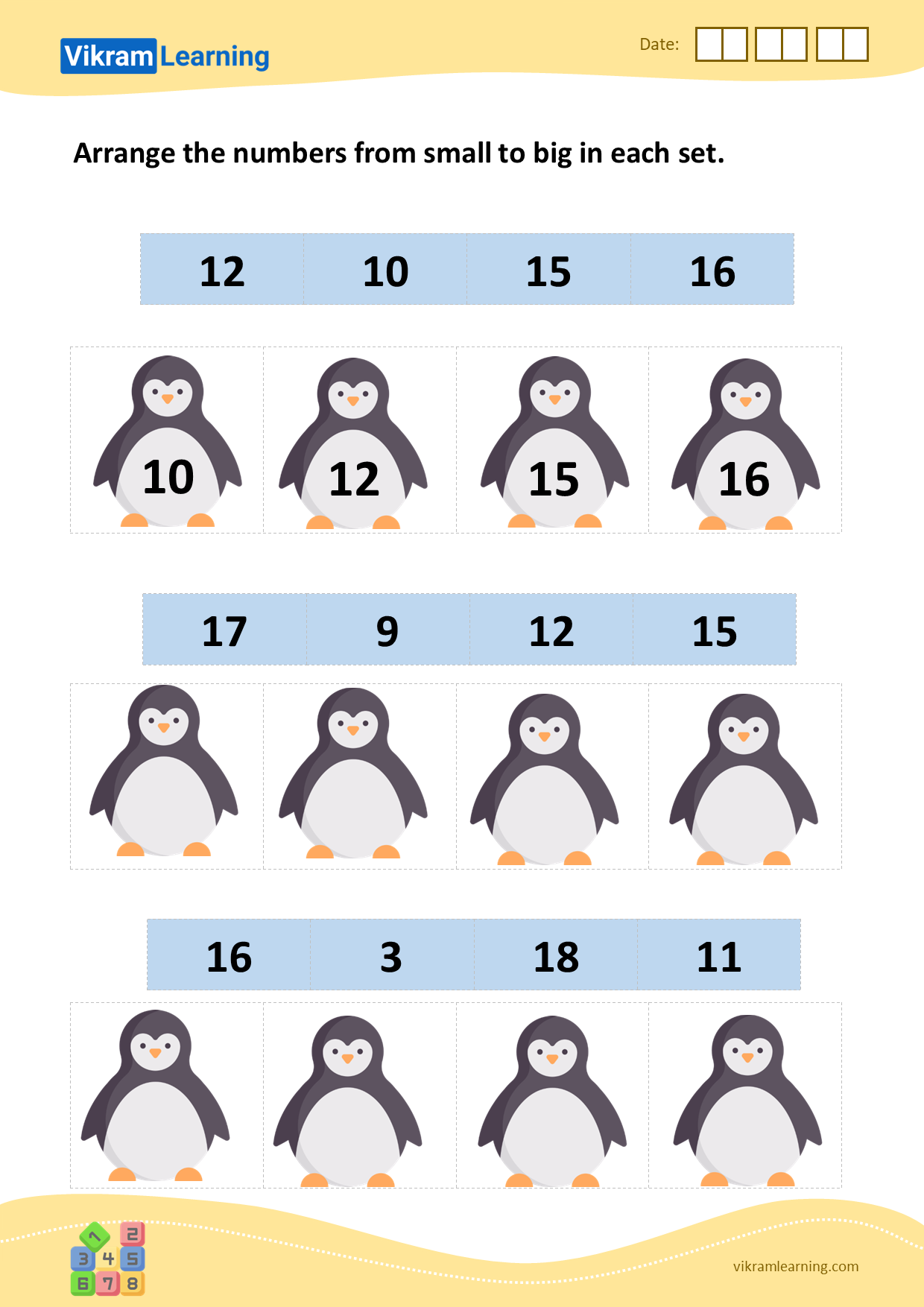 Download arrange the numbers from small to big in each set worksheets