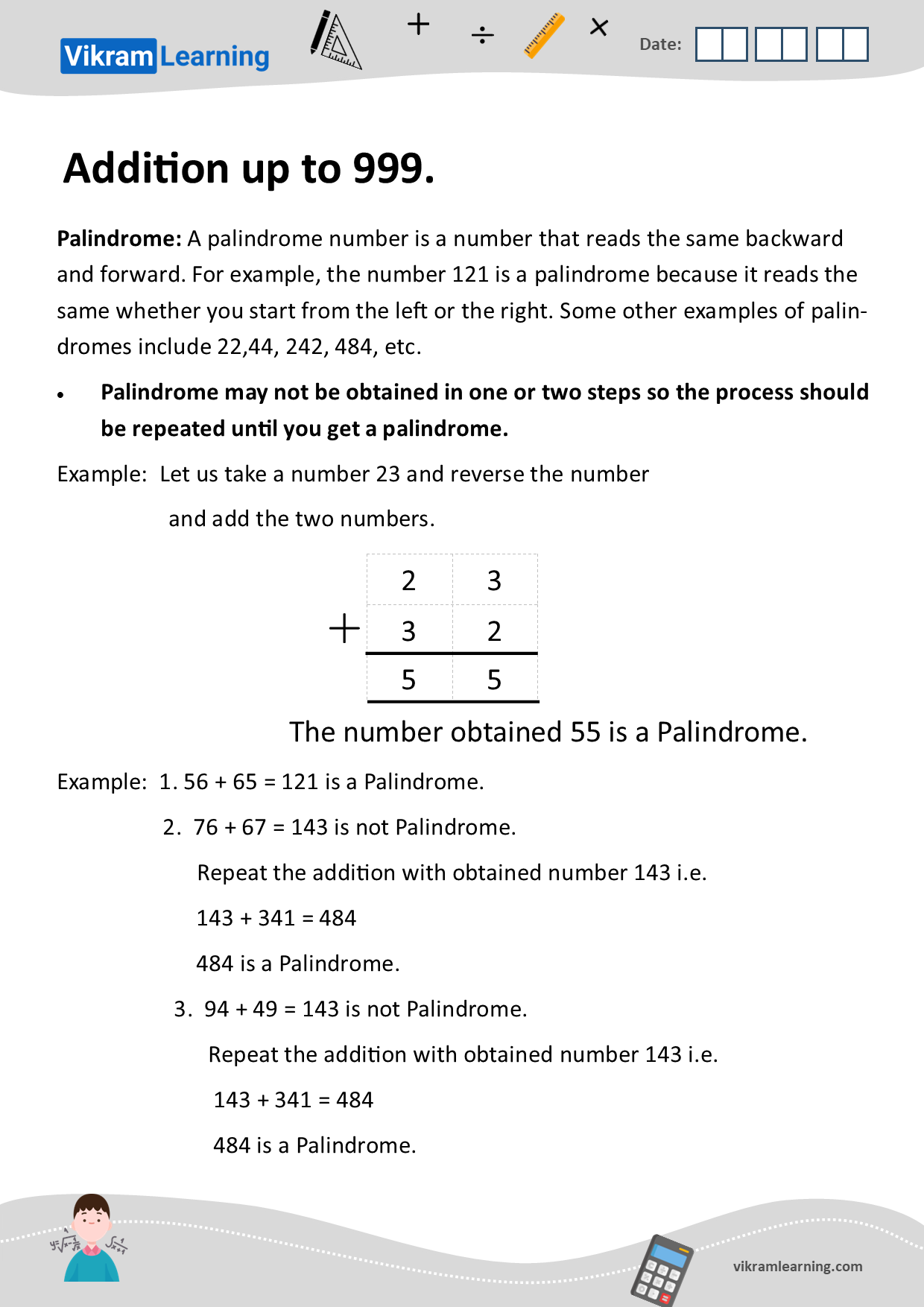 Download palindrome numbers worksheets | vikramlearning.com