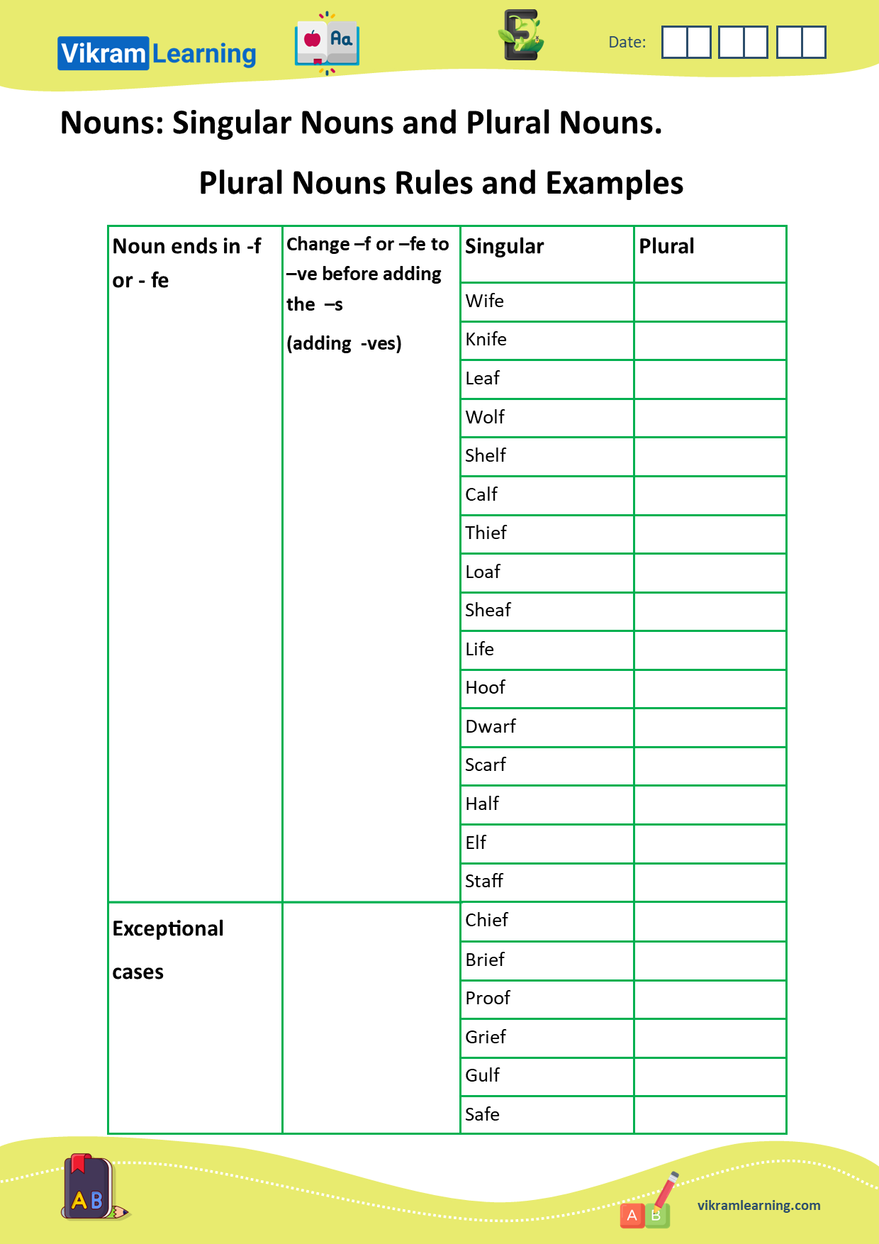 Download singular nouns and plural nouns, plural rules for words ending in s ,ss , x, ex, ix, y, f, fe, us, etc. some plurals are same as singulars, irregular plurals, some words are always in plurals form. worksheets