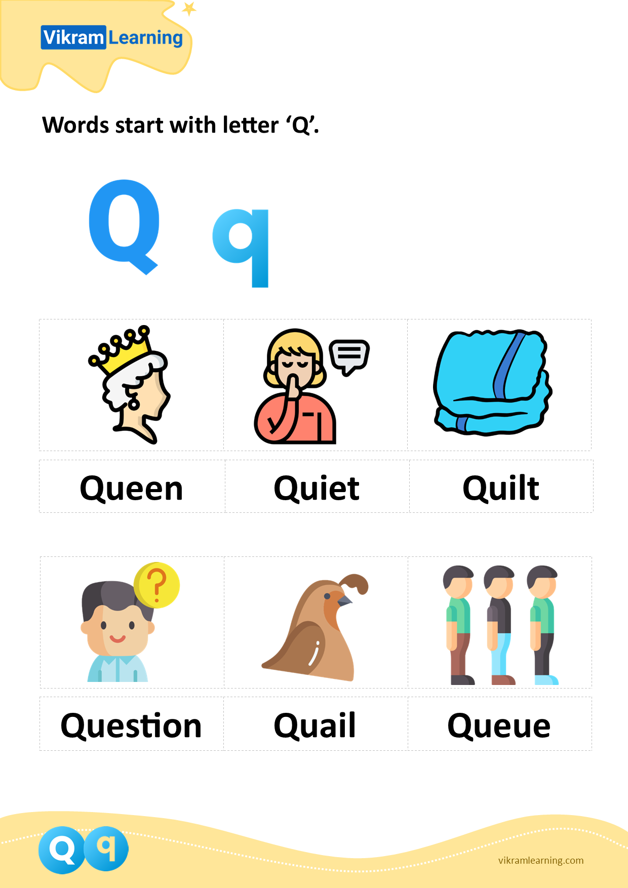 Download words start with letter 'q' worksheets