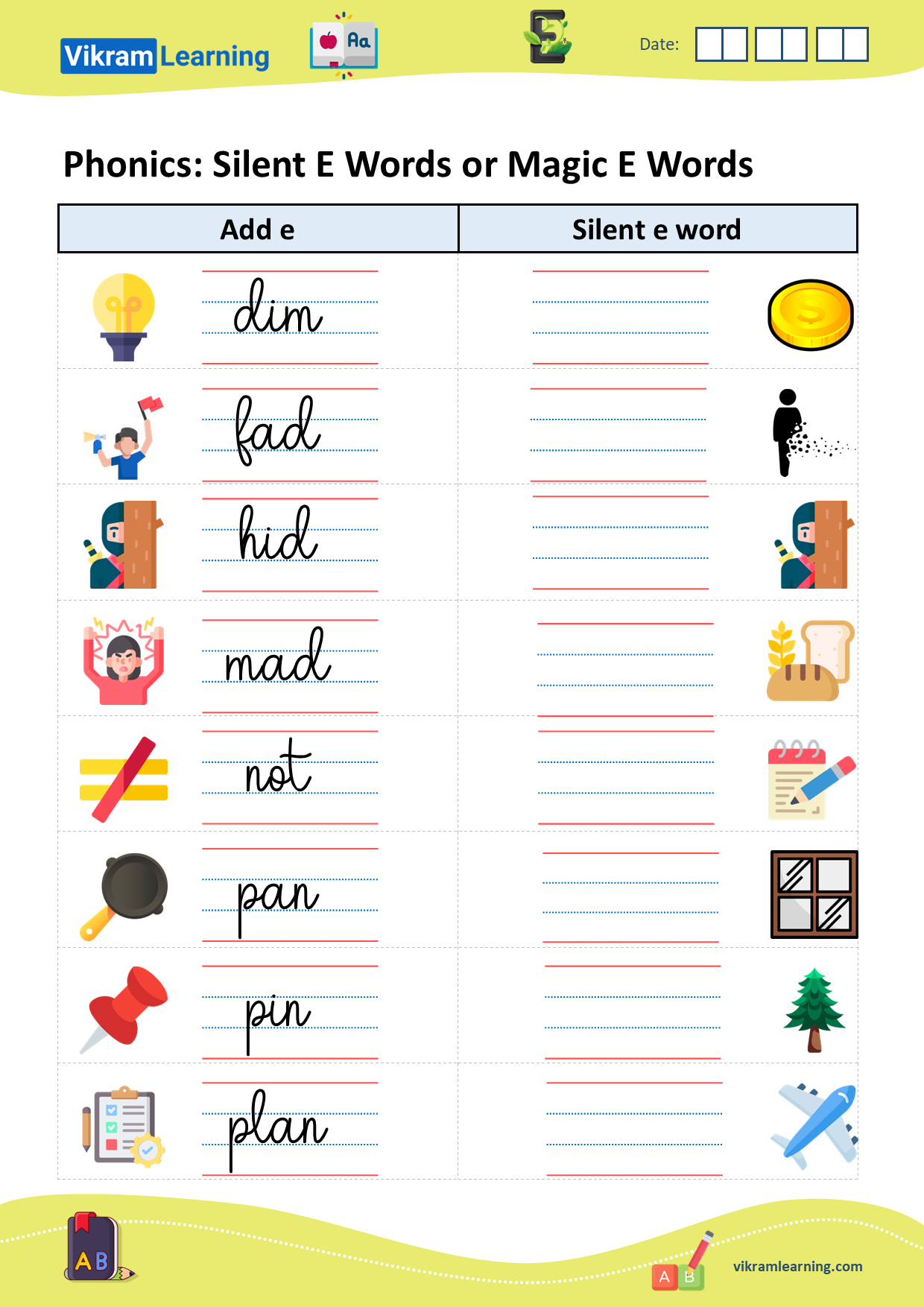 Download phonics silent e words or magic e words worksheets