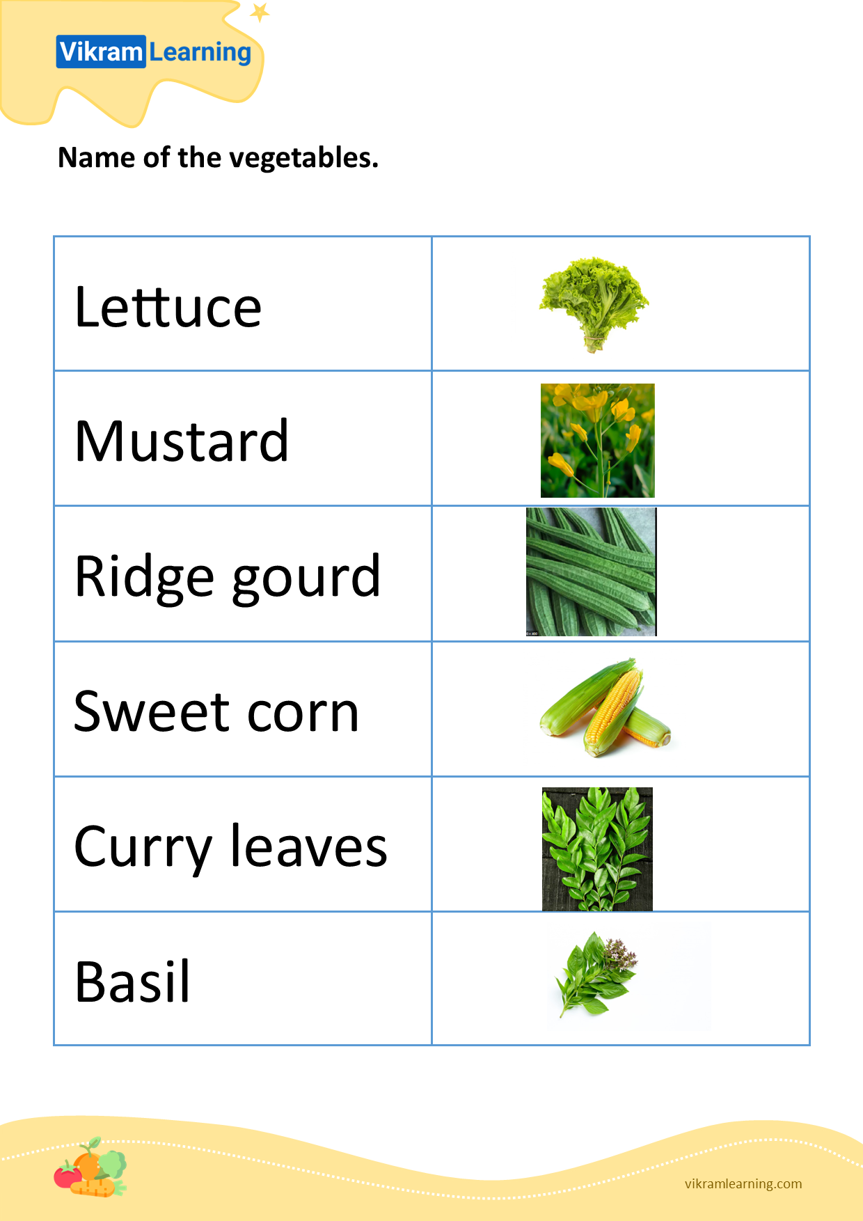 Download name of the vegetables - 7 worksheets