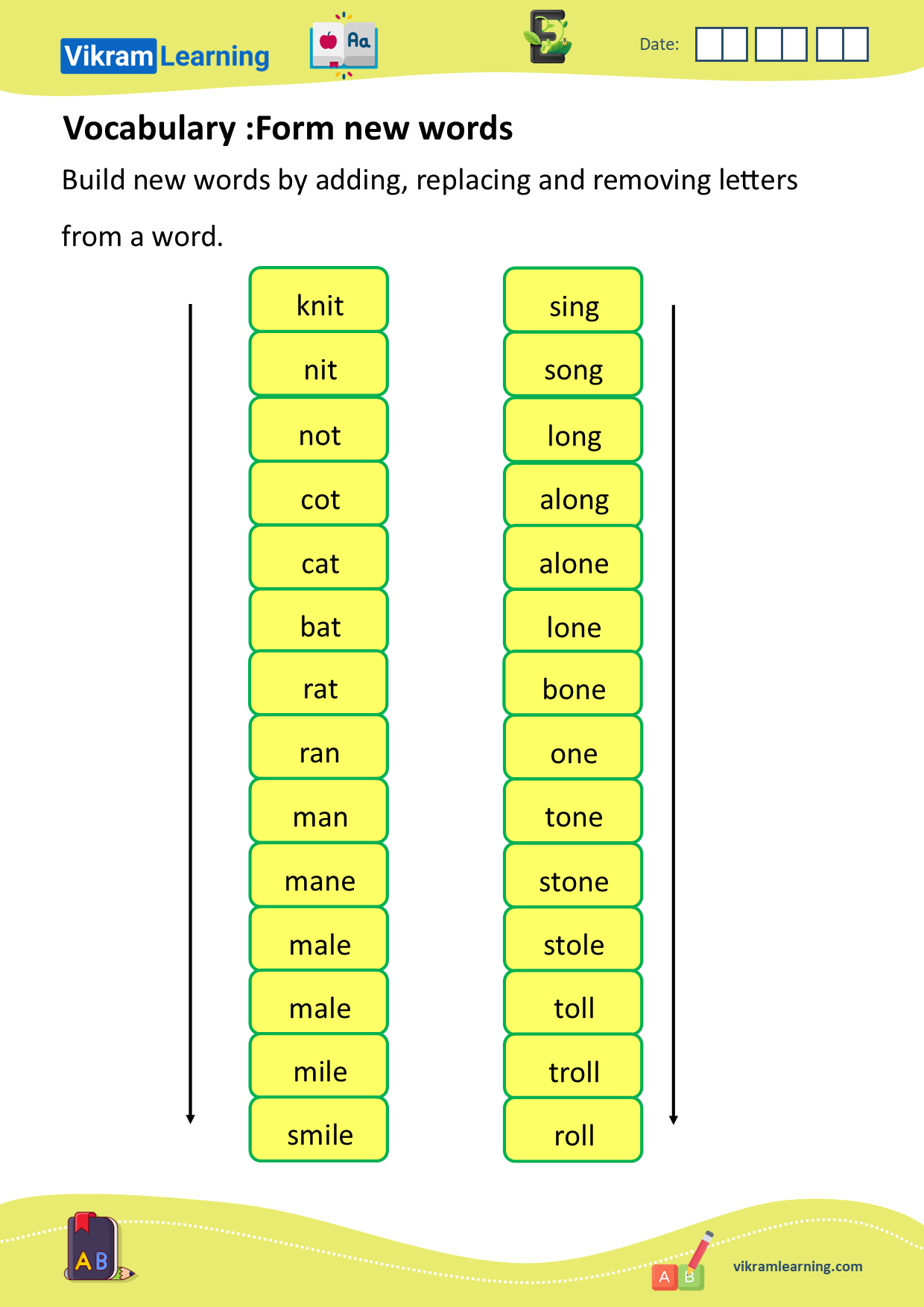 Download vocabulary: unscramble words, form new words, words ladder, forming new words by adding, removing, or replacing letters, build new words, example: male, mall, small, knit, nit, not, cot, cat, etc. worksheets