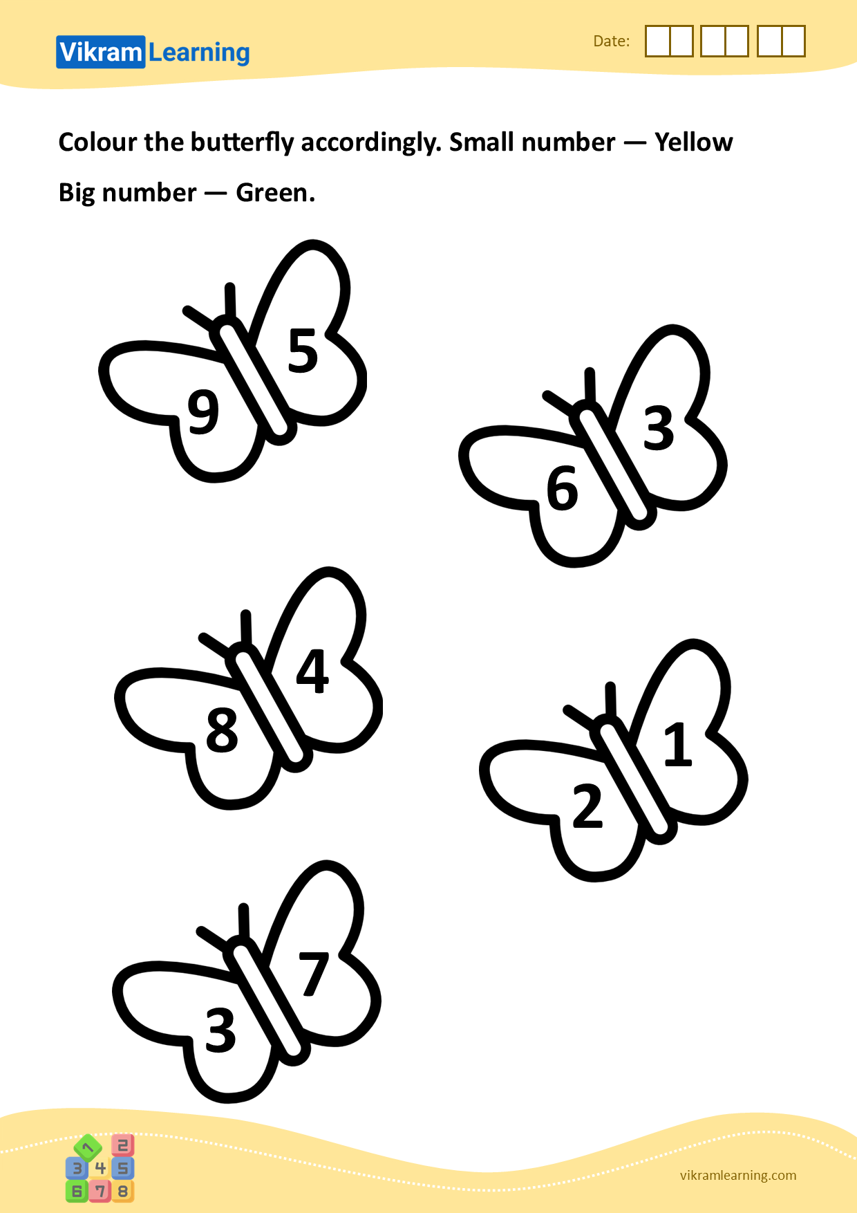 Download colour the butterfly accordingly. small number — yellow 
big number — green worksheets