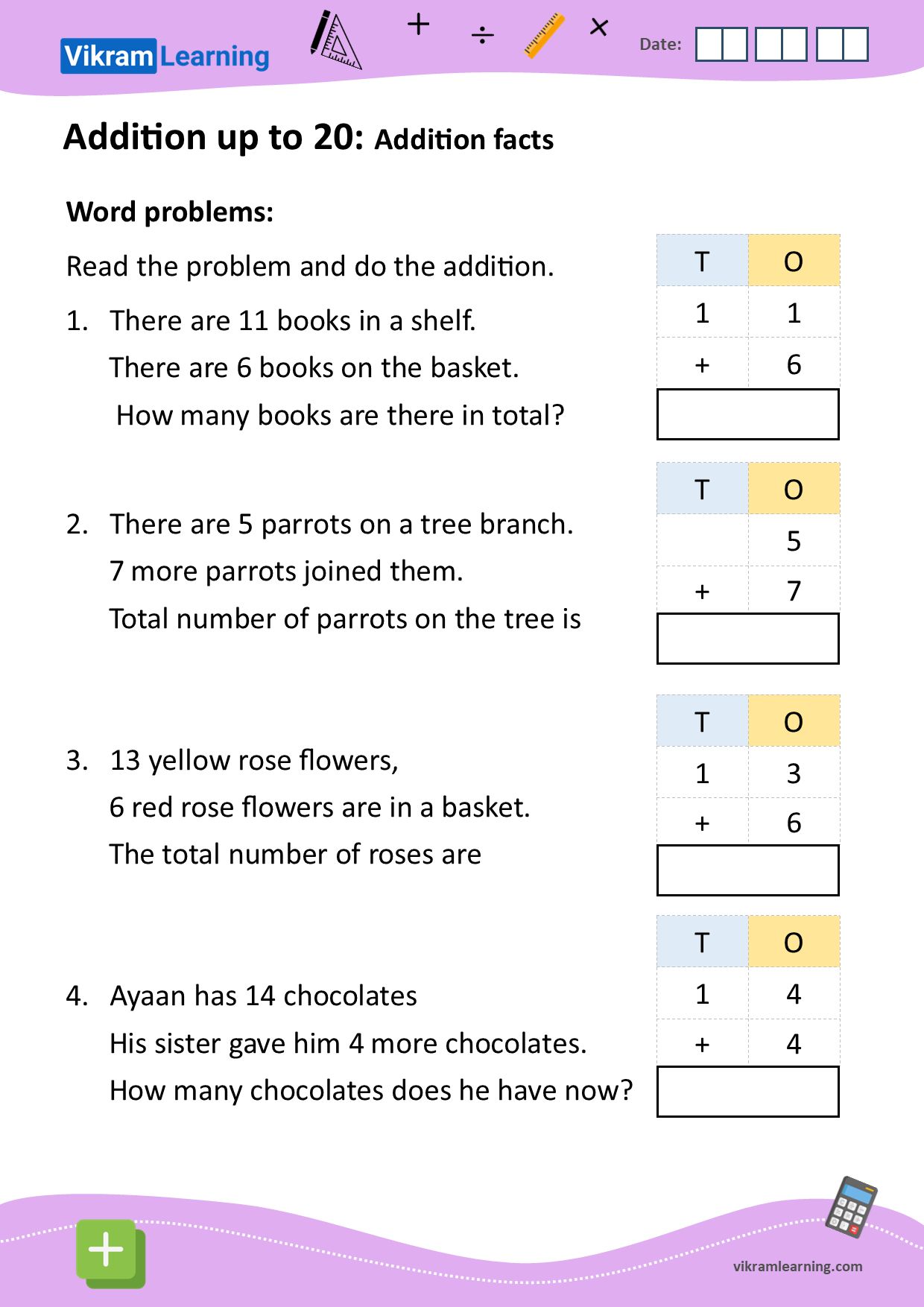 Download addition up to 20 using vertical addition (word problems) worksheets