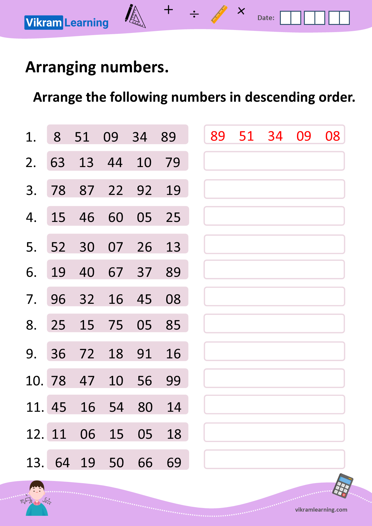 Download arranging numbers in ascending order, and descending order worksheets