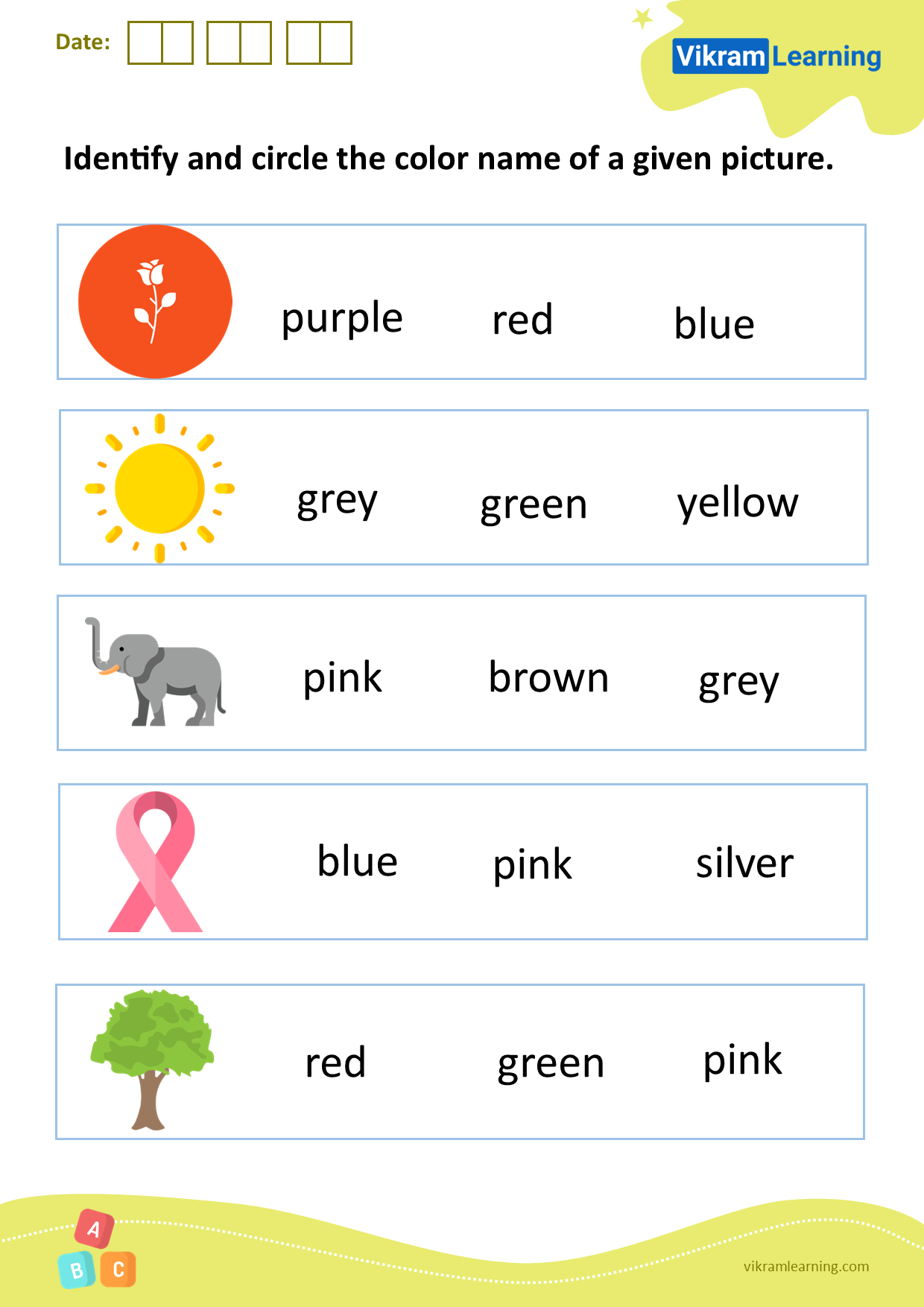 Download identify and circle the color name of a given picture worksheets