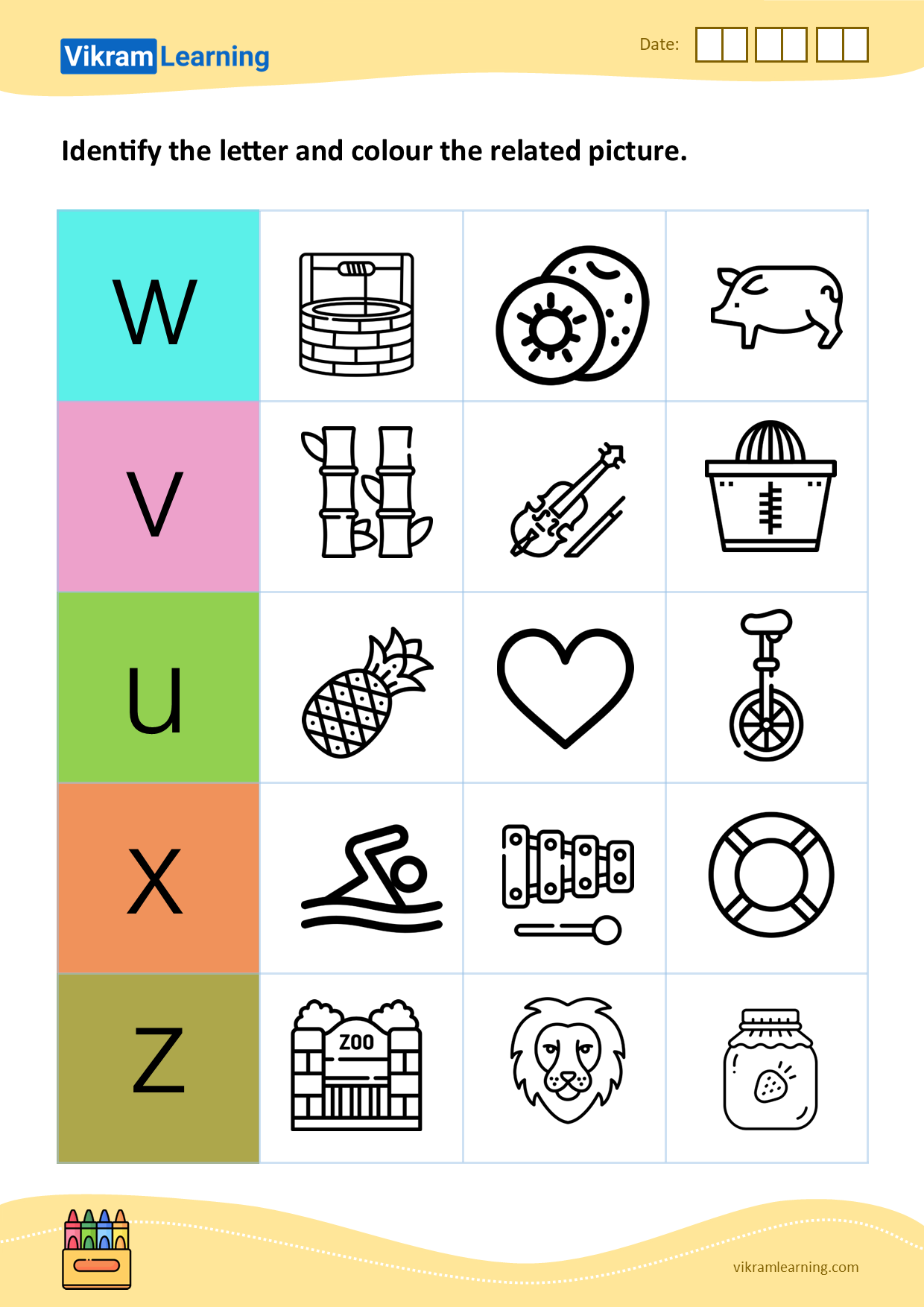 Download identify the letter and colour the related picture - pattern 23 worksheets