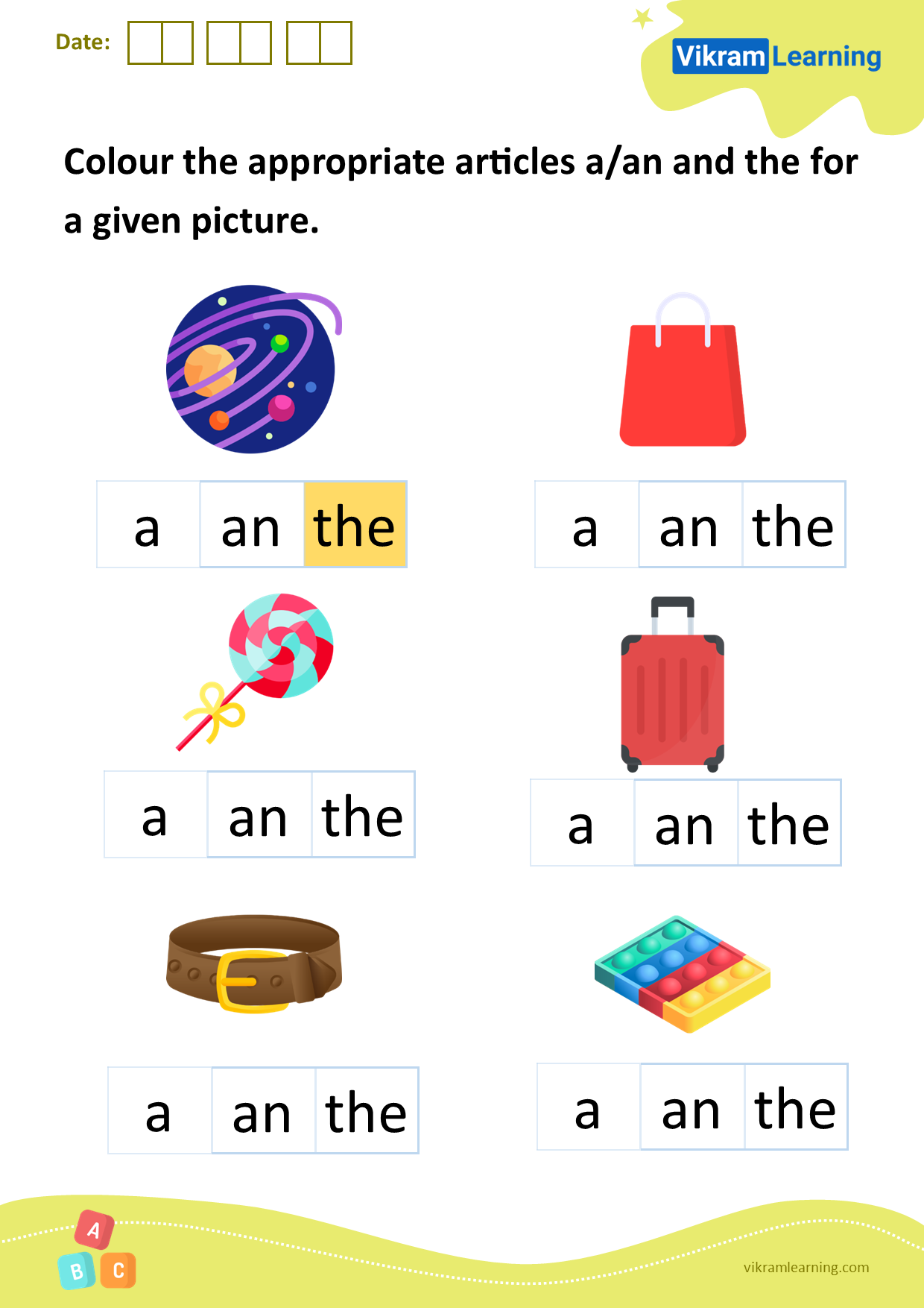 Download colour the appropriate articles a/an and the for a given picture worksheets