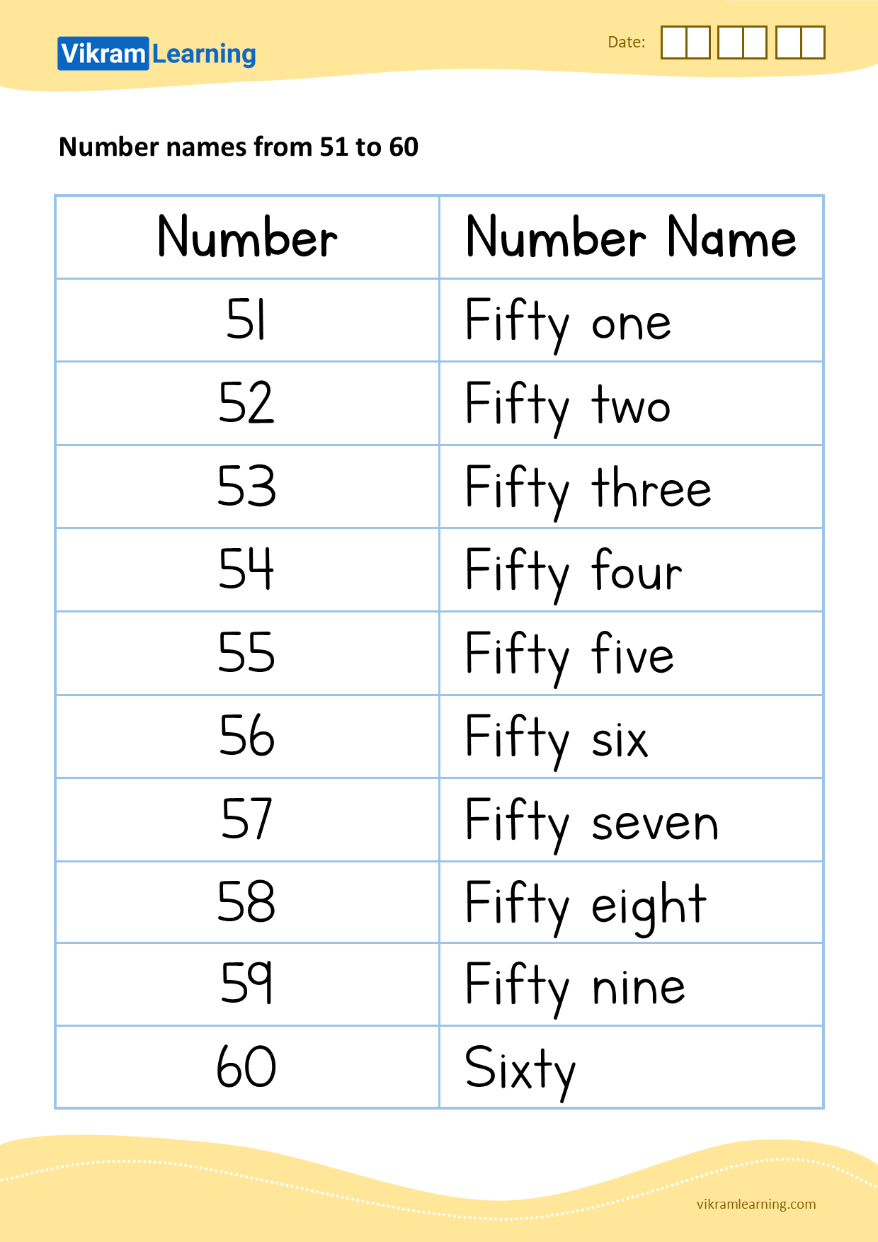 Download number names from 51 to 60 worksheets
