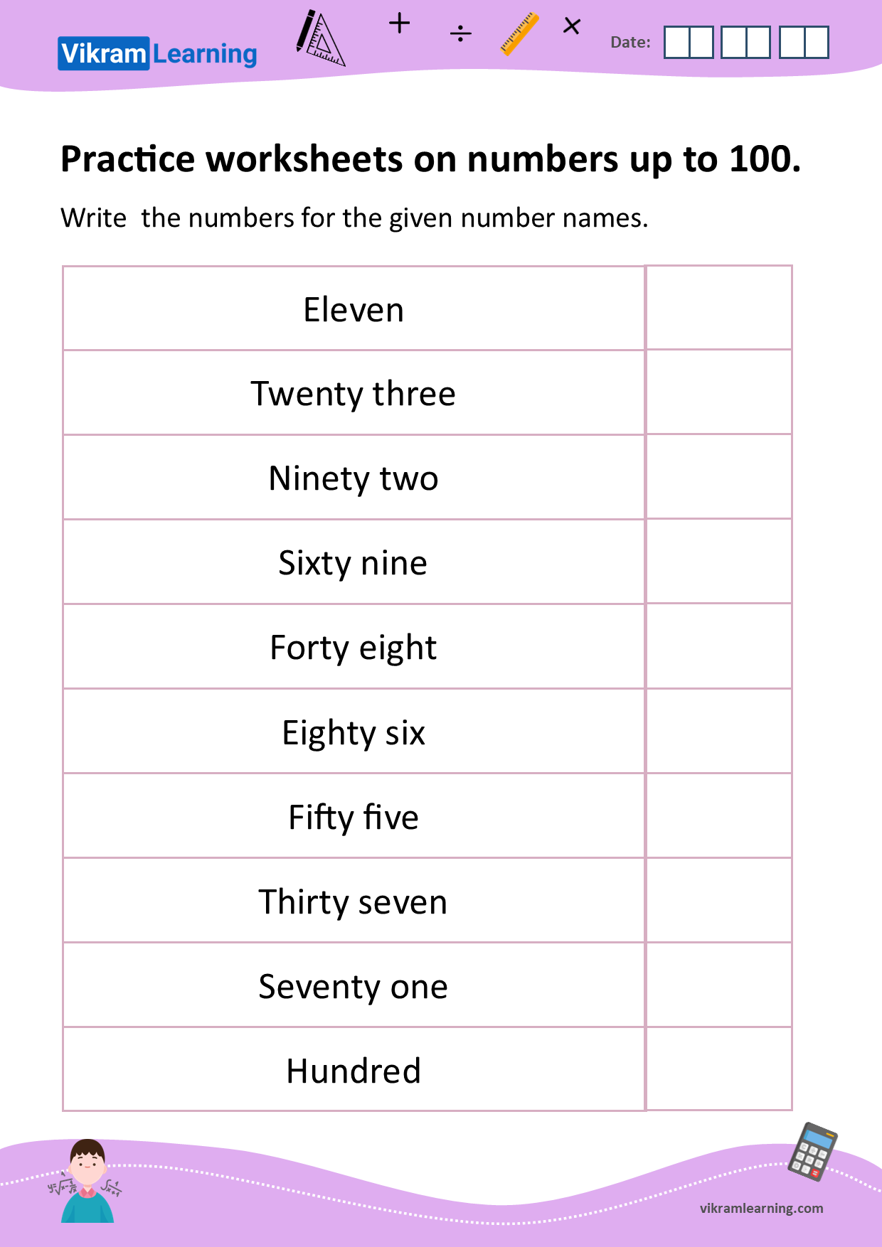 Download numbers up to 100 worksheets