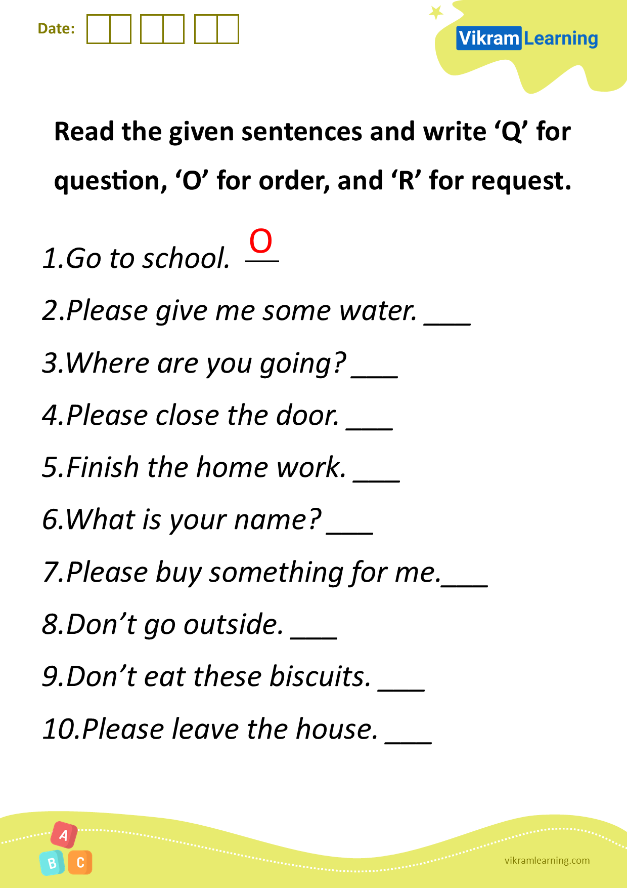 Download read the given sentences and write ‘q’ for the question, ‘o’ for order, and ‘r’ for the request worksheets