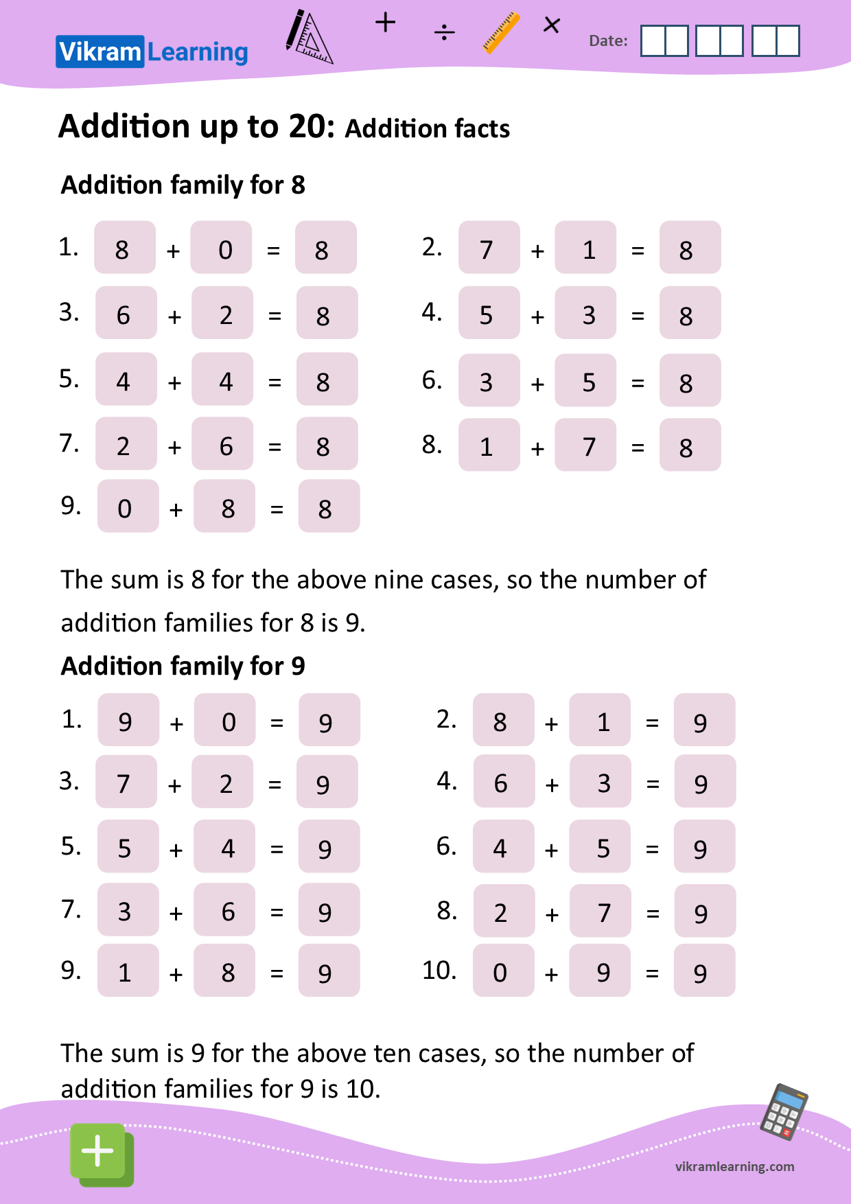 Download addition families worksheets