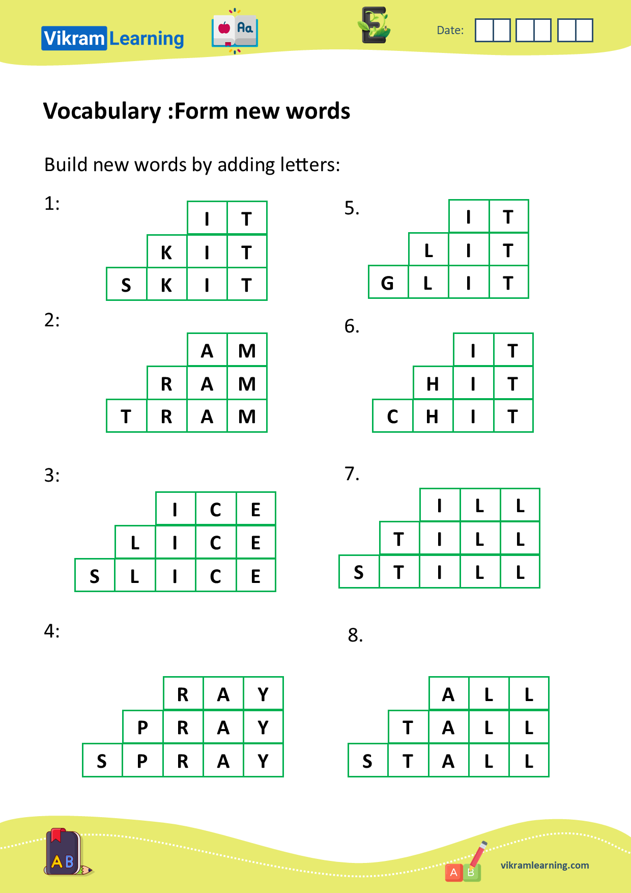 Download vocabulary: unscramble words, form new words, words ladder, forming new words by adding, removing, or replacing letters, build new words, example, it, kit, skit, ill, till, still, etc worksheets