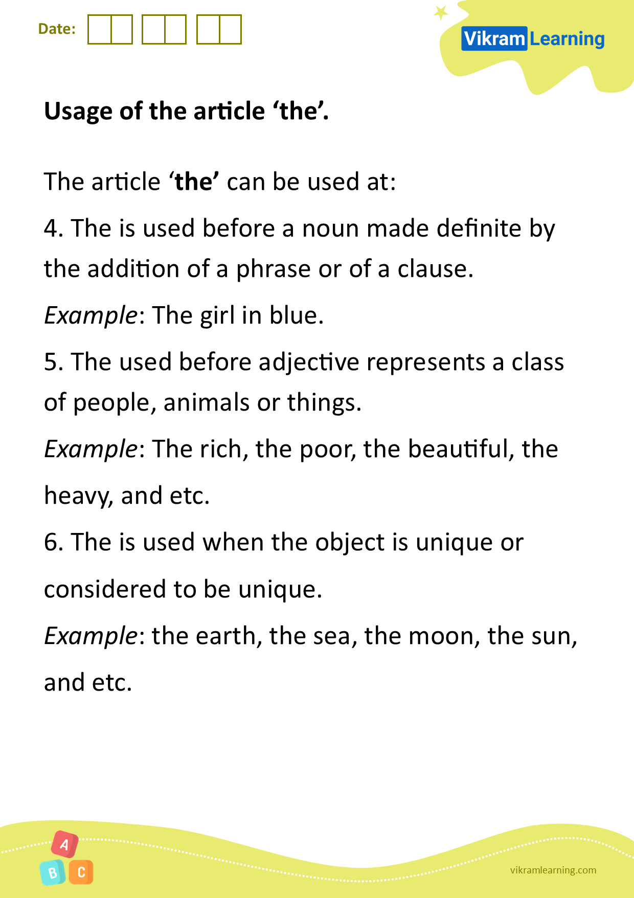 Download usage of the article ‘the’ worksheets