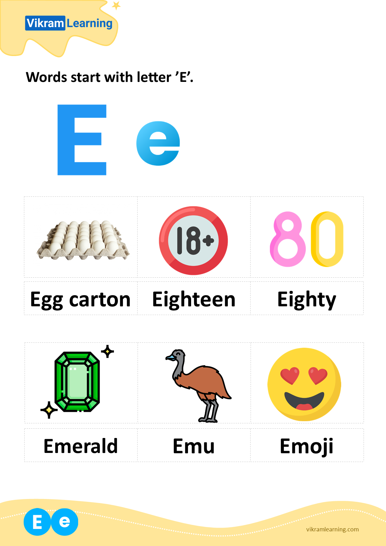 Download words start with letter 'e' worksheets