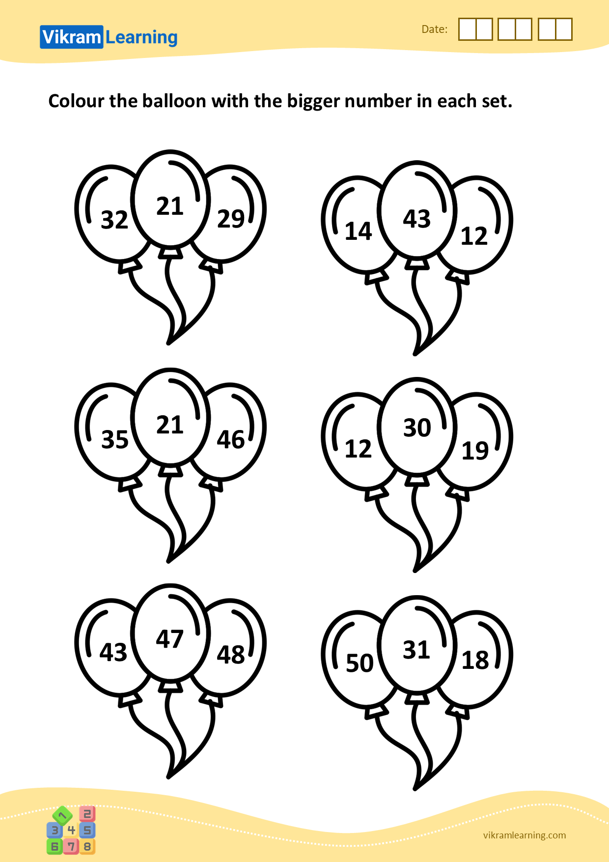 Download colour the balloon with the bigger number in each set worksheets