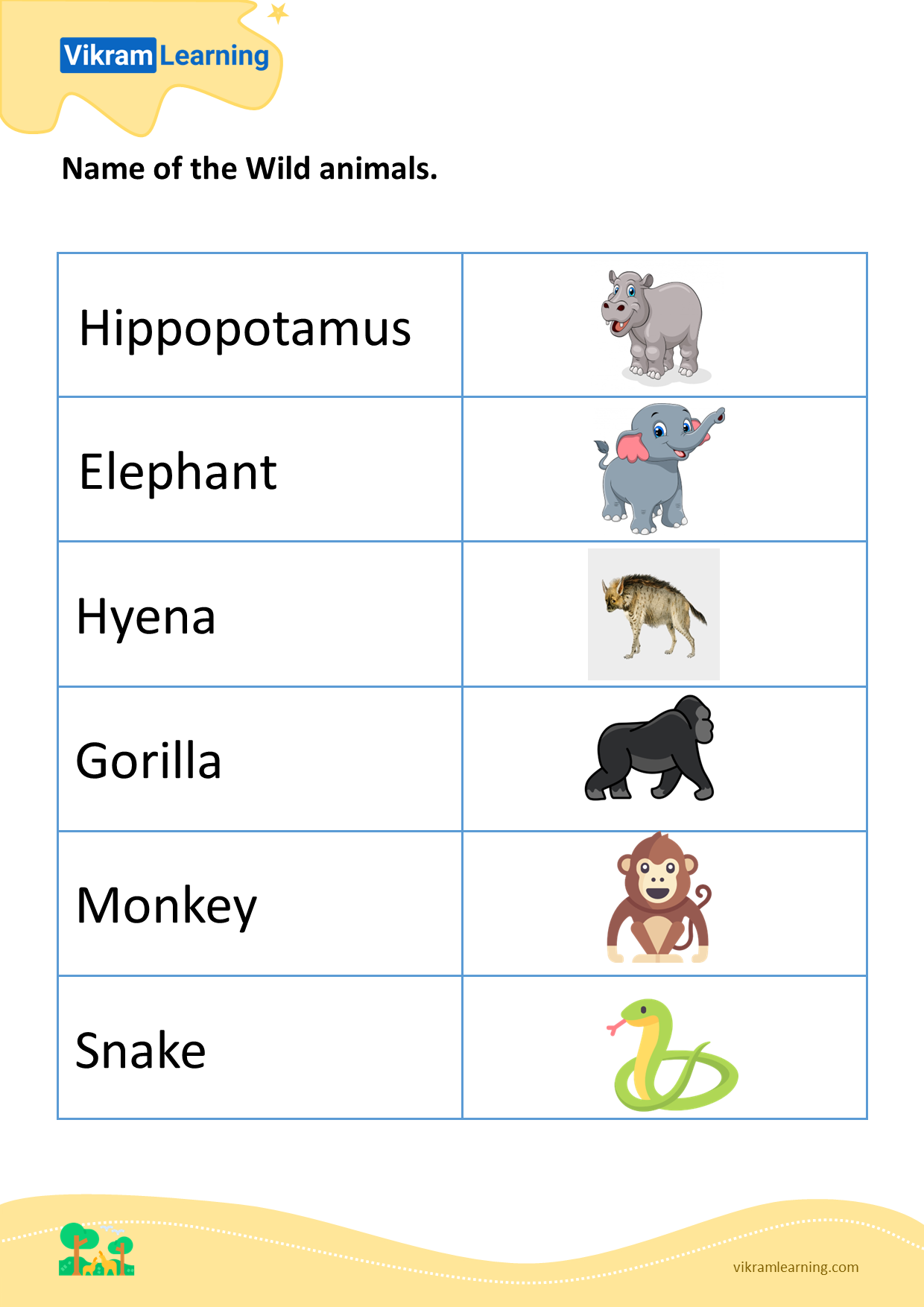 Download name of the wild animals - 5 worksheets