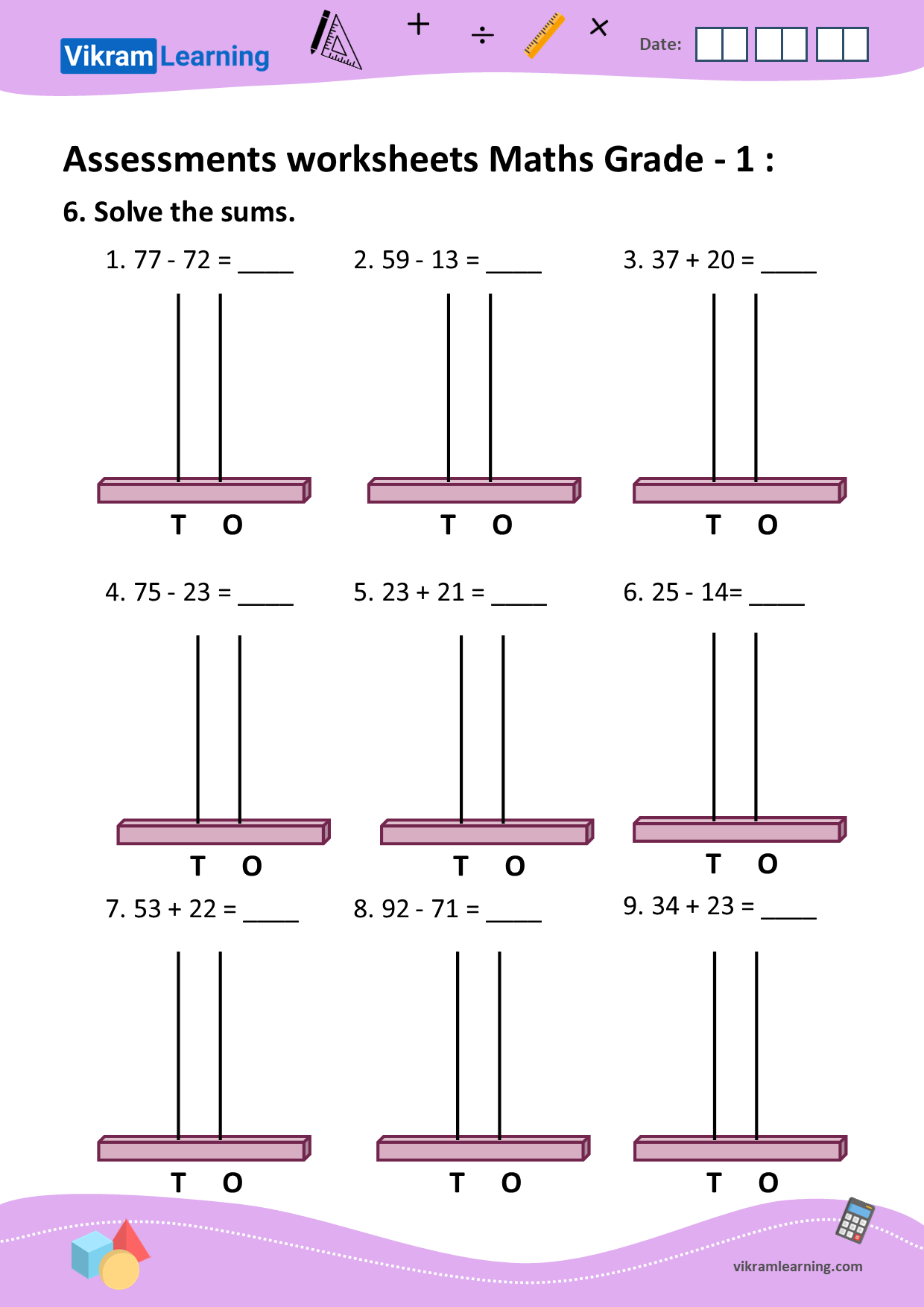 Download assessments worksheets maths grade - 1, additions, subtraction, and geometry worksheets