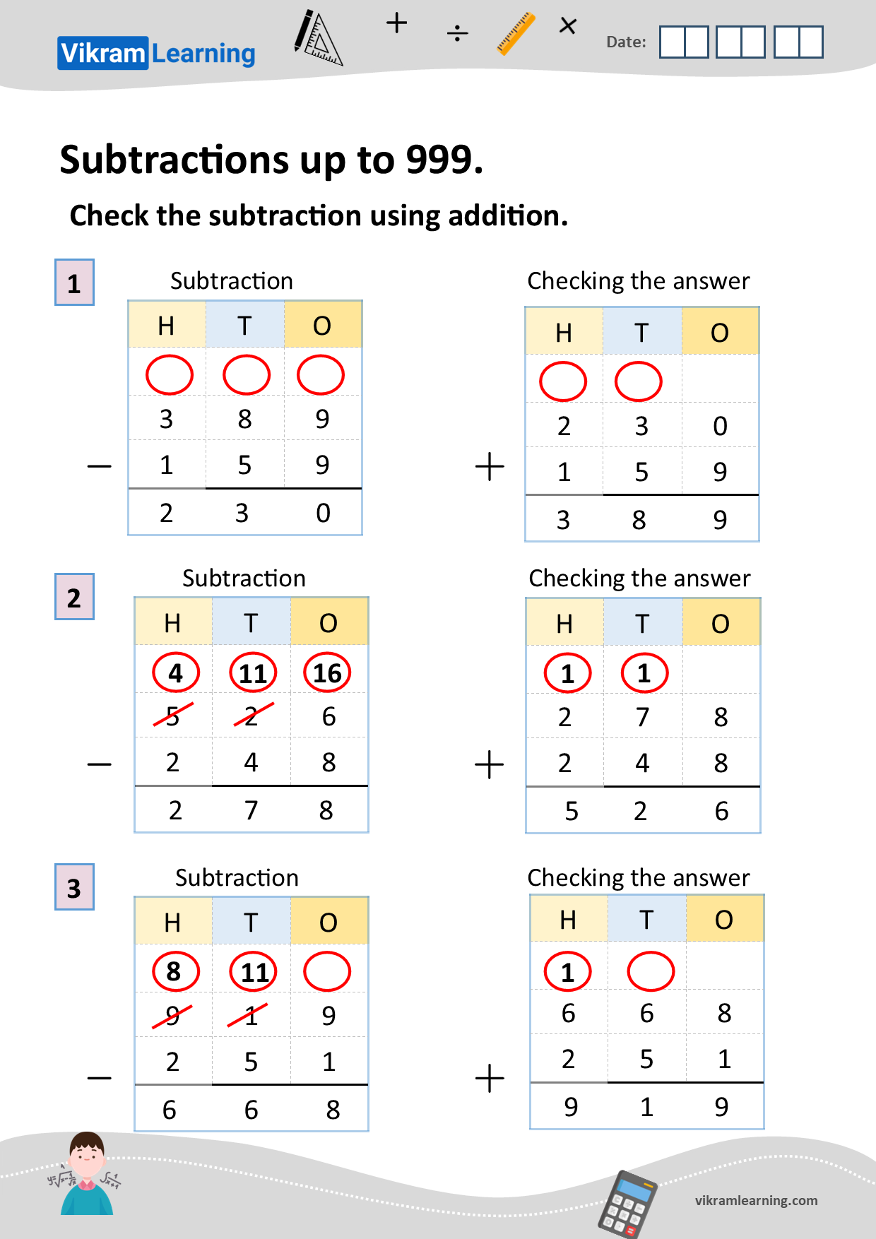 Download subtractions up to 999 worksheets