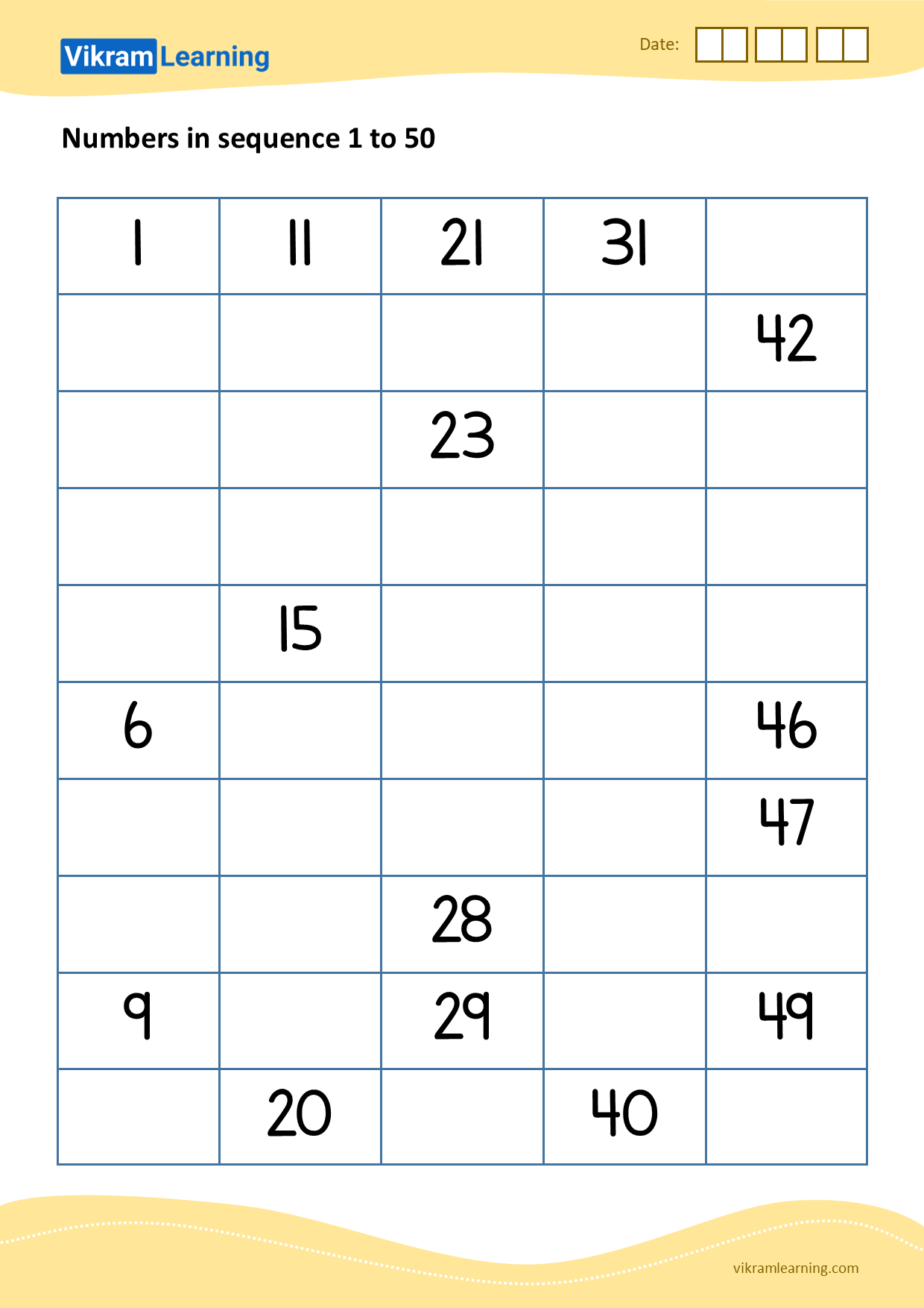 Download 03 - numbers in sequence 1 to 50 worksheets