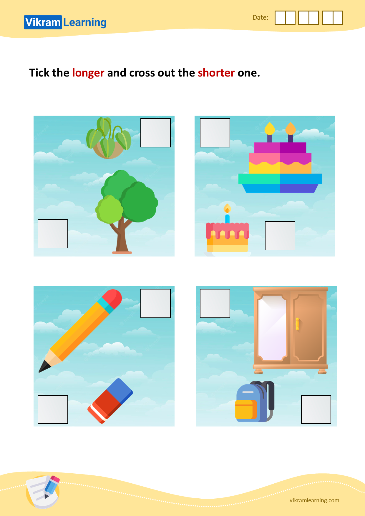 Download tick the longer and cross out the shorter one - 2 worksheets