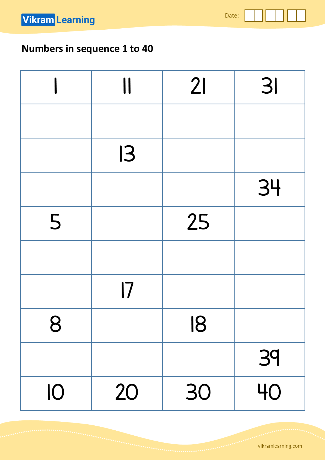 Download 01 - numbers in sequence 1 to 40 worksheets