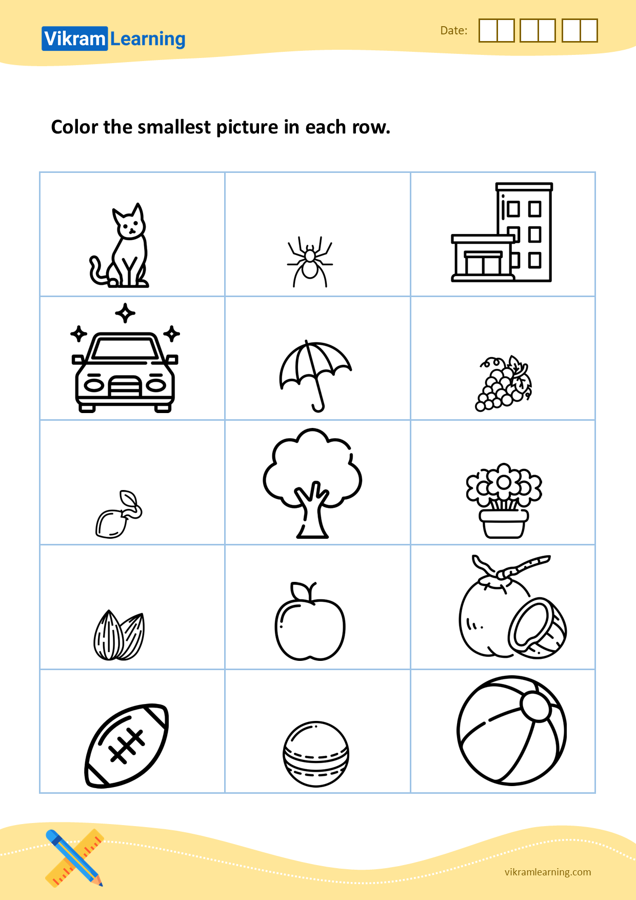 Download color the smallest picture in each row worksheets