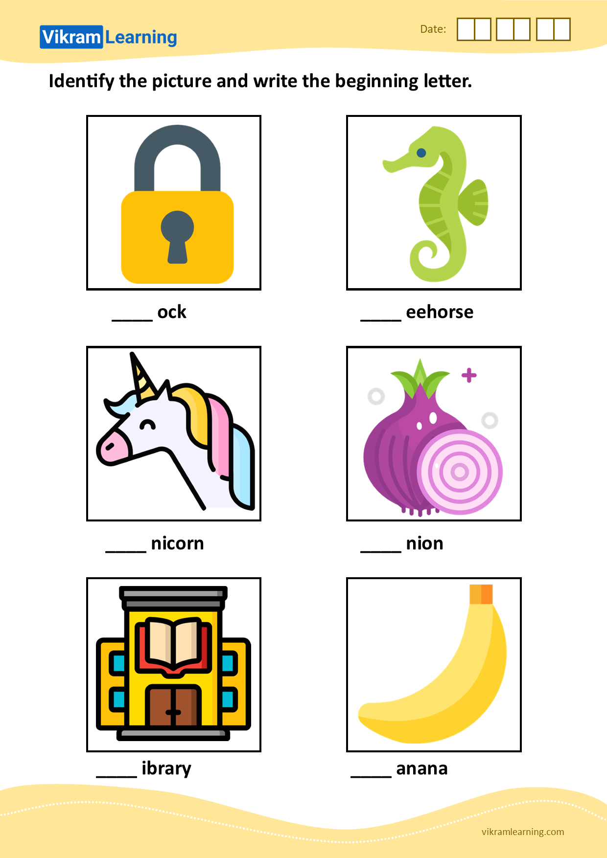 Download identify the picture and write the beginning letter - pattern 10 worksheets