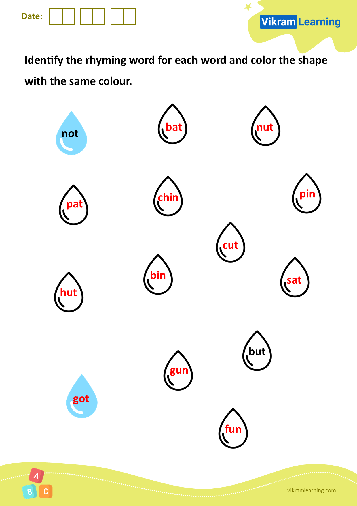 Download identify the rhyming word for each word and color the splash with the same color worksheets