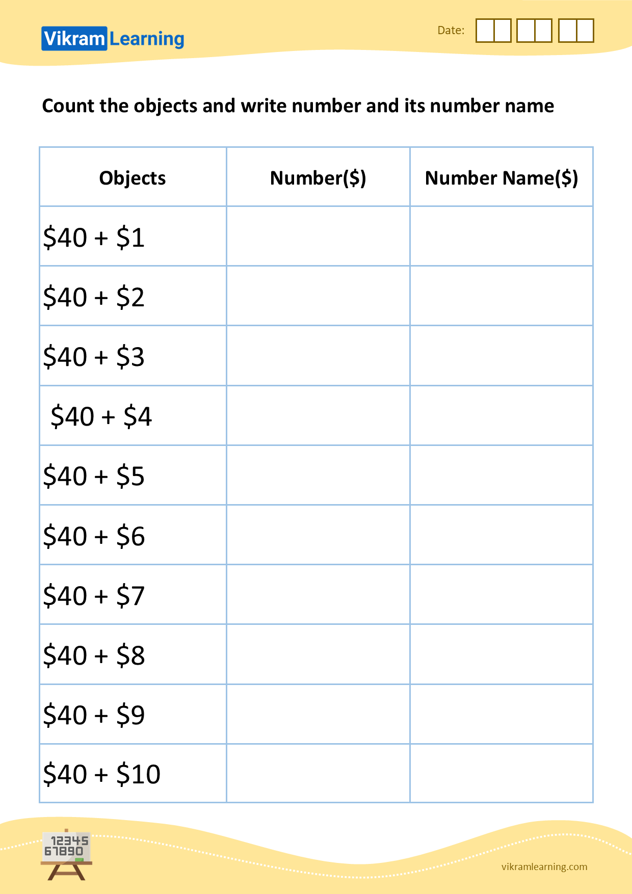 Download count the objects and write number and its number name - 3 worksheets