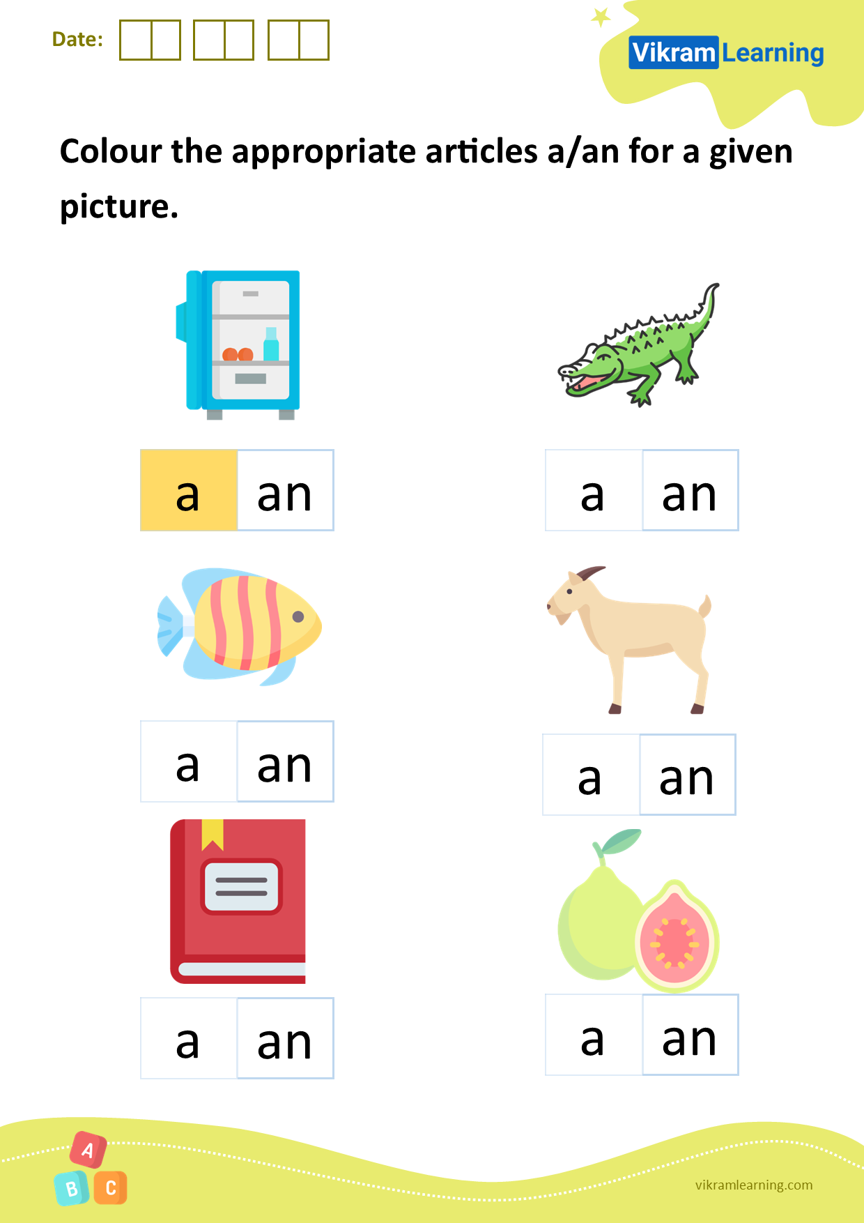 Download colour the appropriate articles a/an for a given picture worksheets
