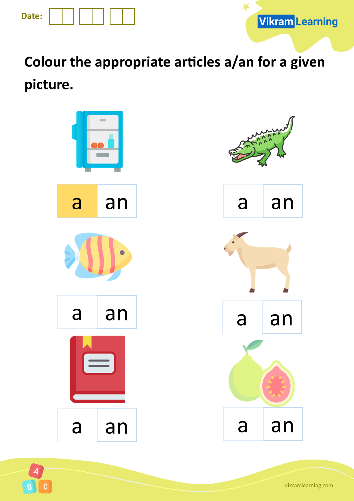 Download colour the appropriate articles a/an for a given picture ...