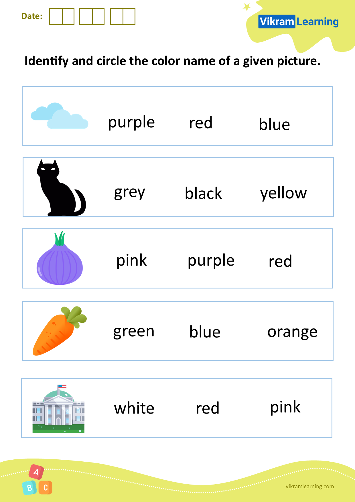 Download identify and circle the color name of a given picture worksheets