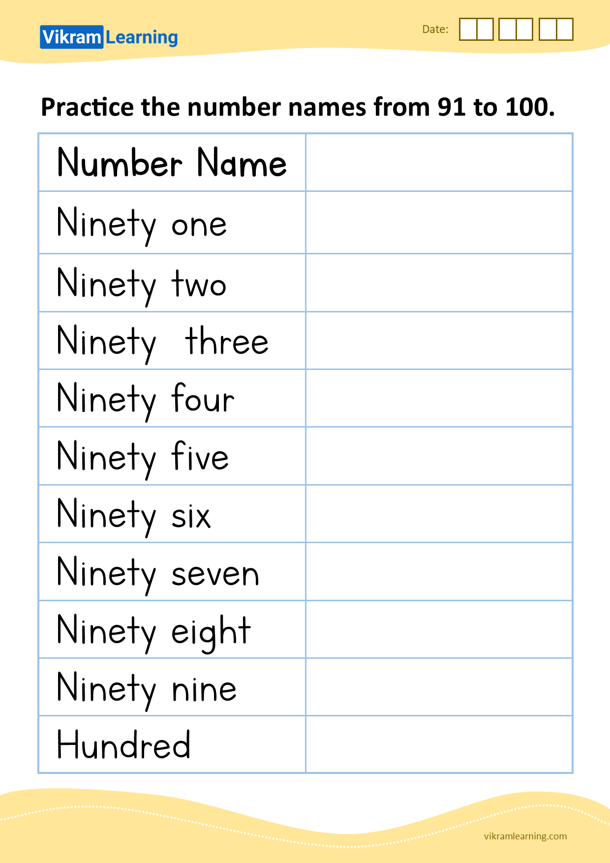 Download practice the number names from 91 to 100 worksheets
