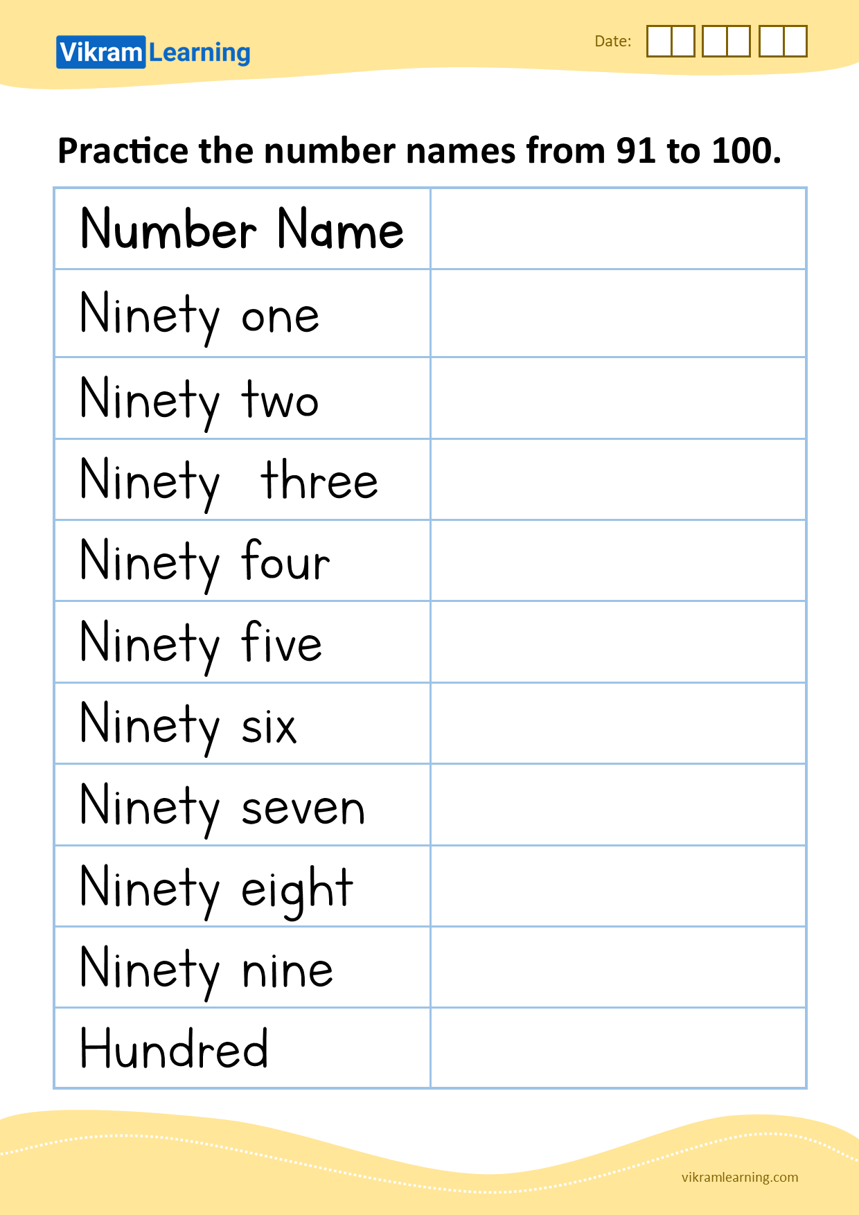 Download Practice The Number Names From 91 To 100 Worksheets Vikramlearning