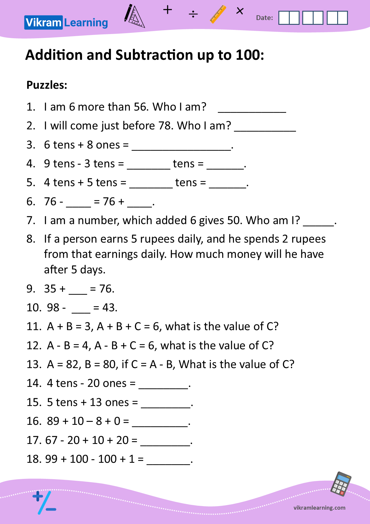 Download additions and subtractions up to 100 without regrouping worksheets